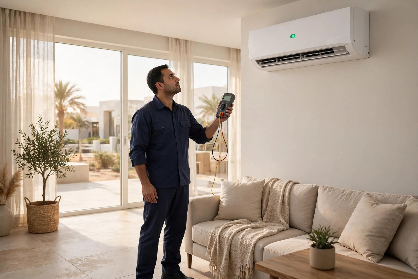 Technician using this Daikin AC error codes guide to diagnose a split AC indoor unit in a Riyadh villa