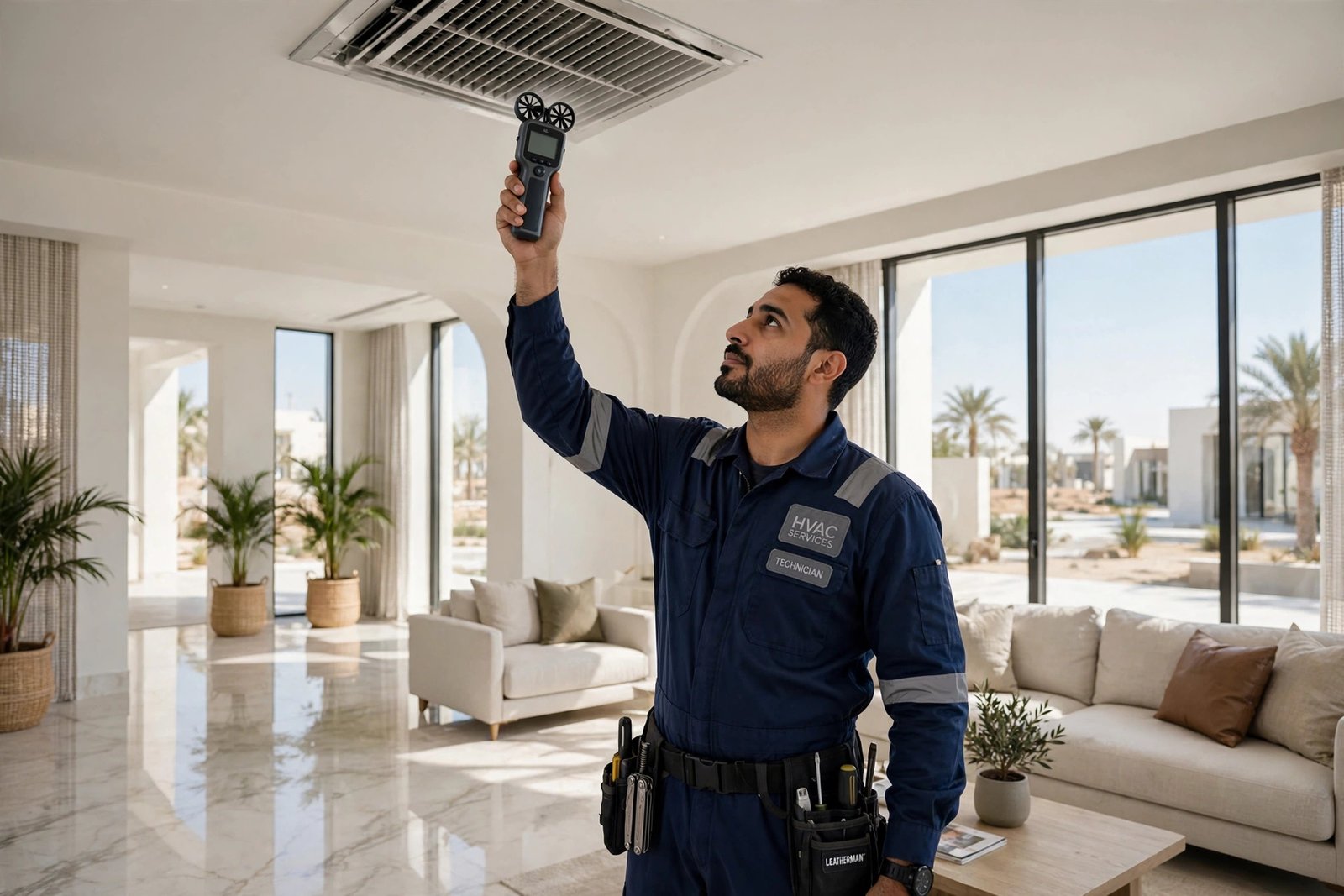HVAC technician measuring airflow at a villa ceiling vent during professional airflow balancing in Riyadh