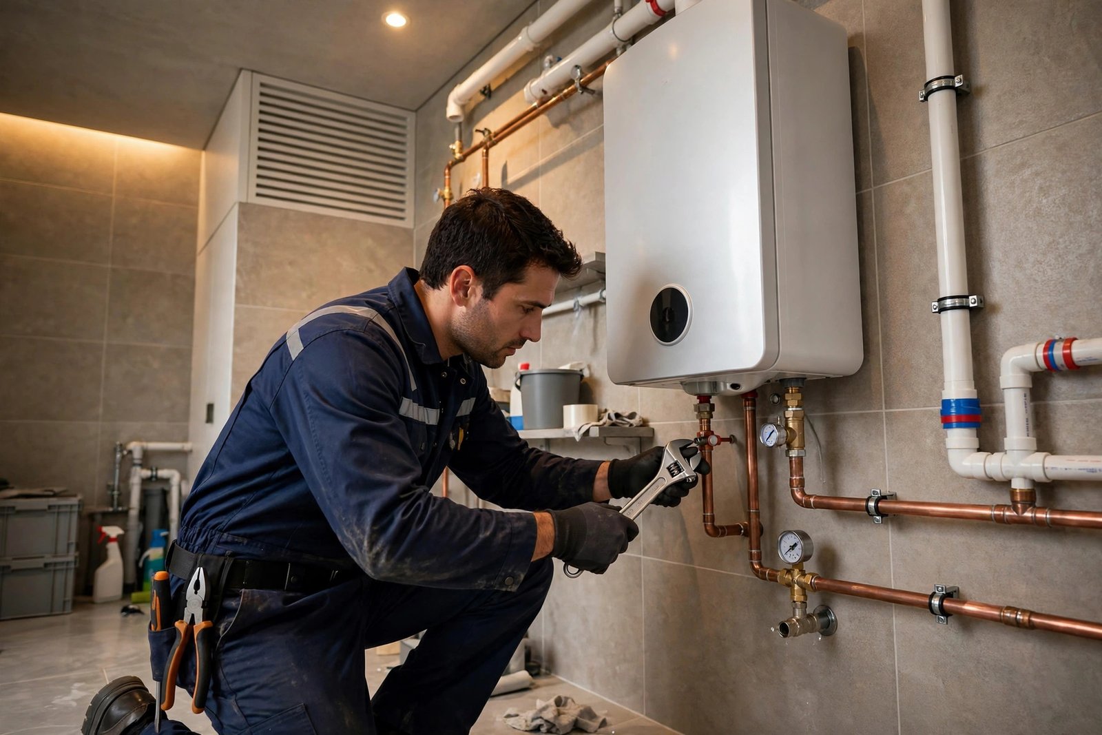 Plumber installing a tankless water heater in a Riyadh villa utility room, tankless water heater vs sakhana guide