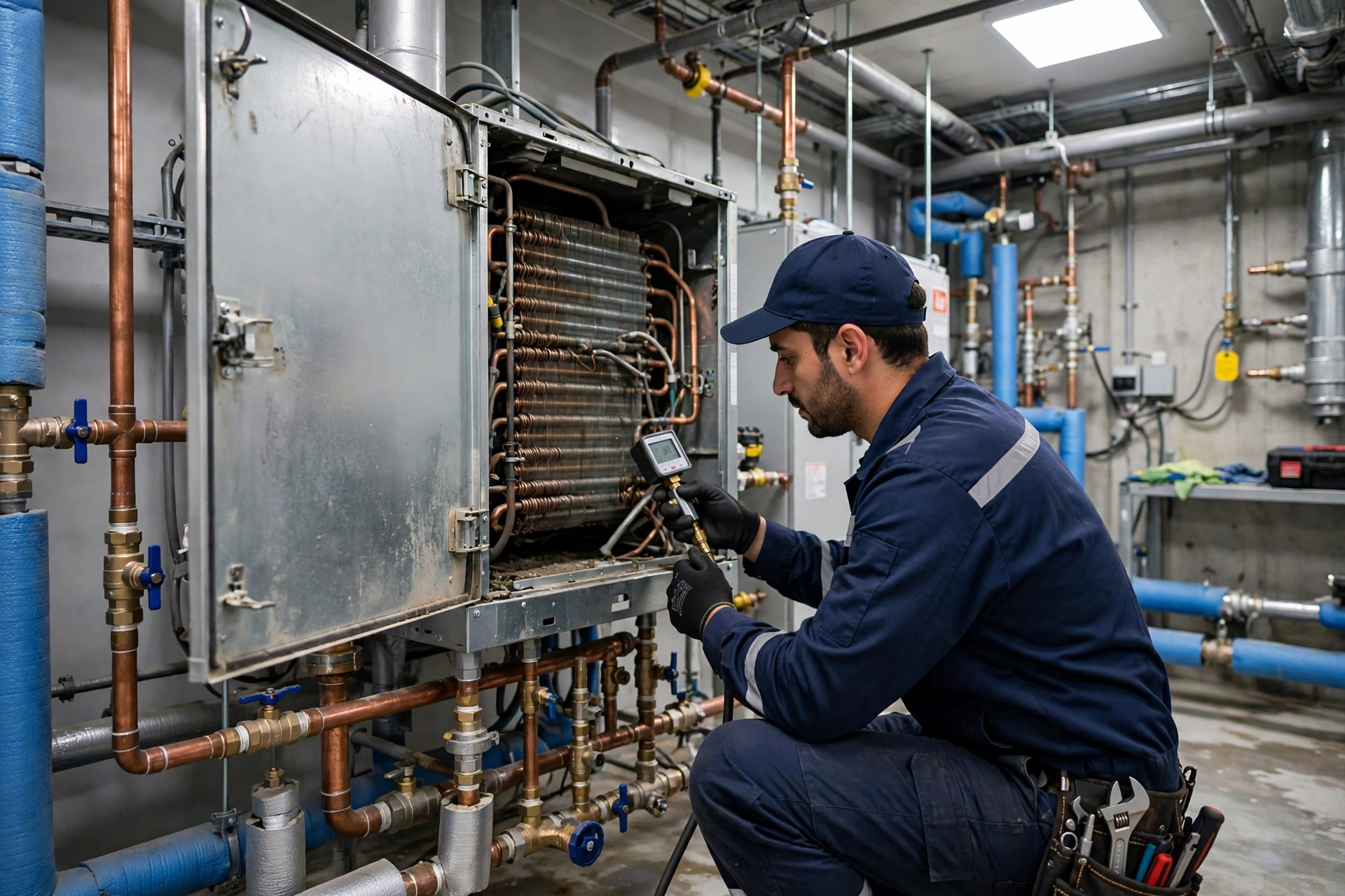 HVAC technician servicing a fan coil unit, fcu service cost riyadh guide