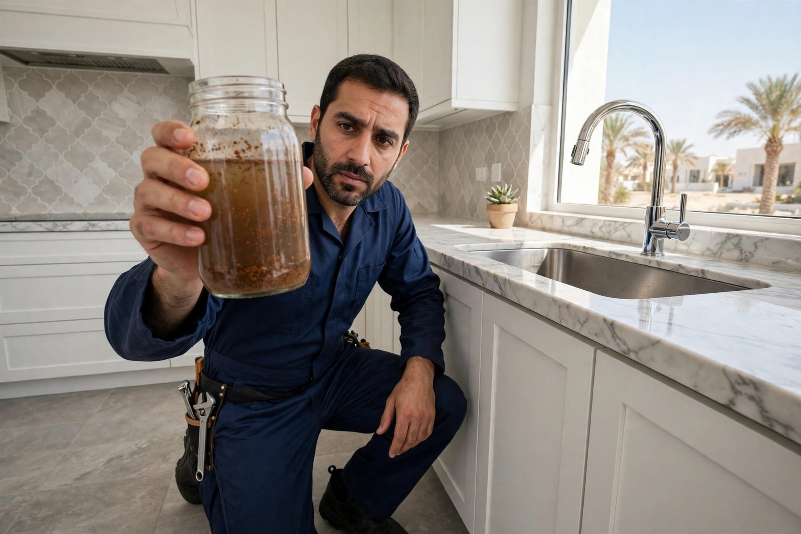 Plumber testing rusty tap water causes in a Riyadh villa kitchen