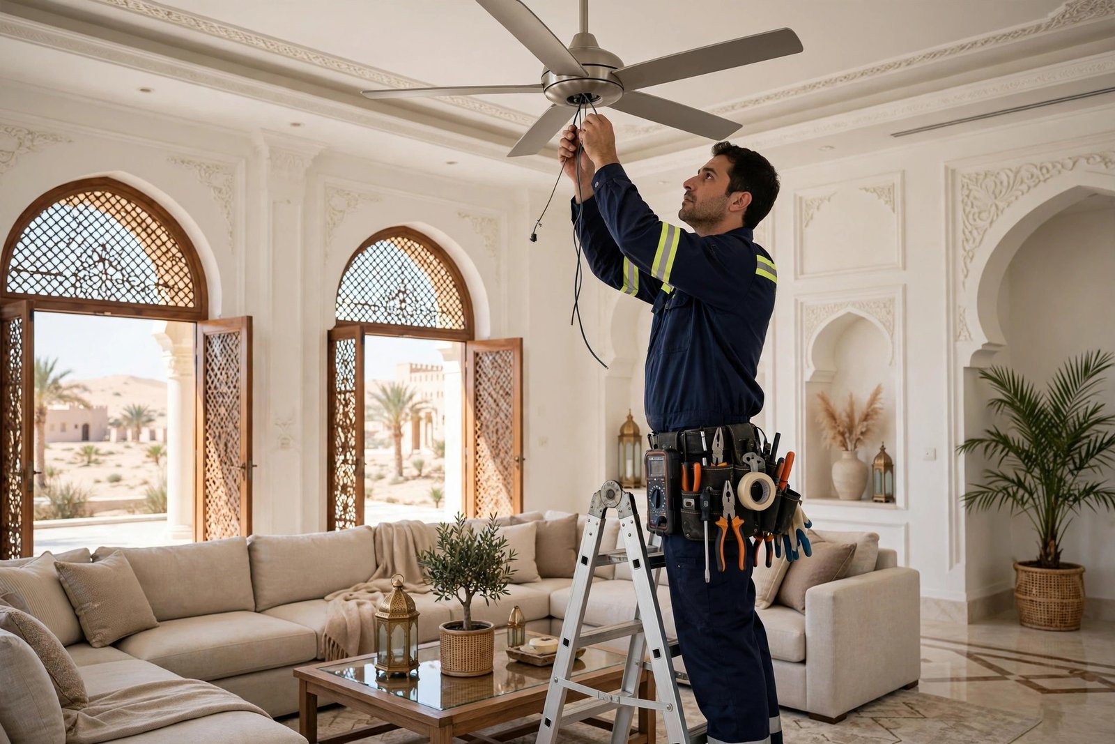 Certified electrician installing a ceiling fan in a Saudi villa living room; ceiling fan installation cost Riyadh