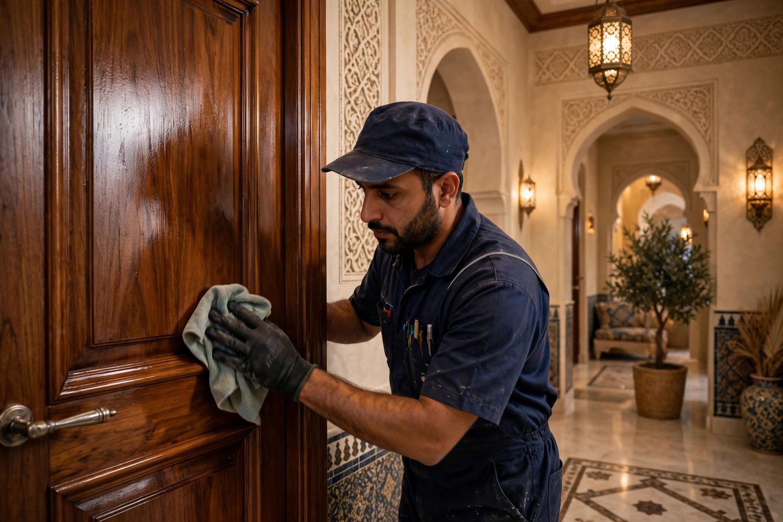 Painter polishing a wooden door panel to a glossy finish, wooden door polishing service Riyadh