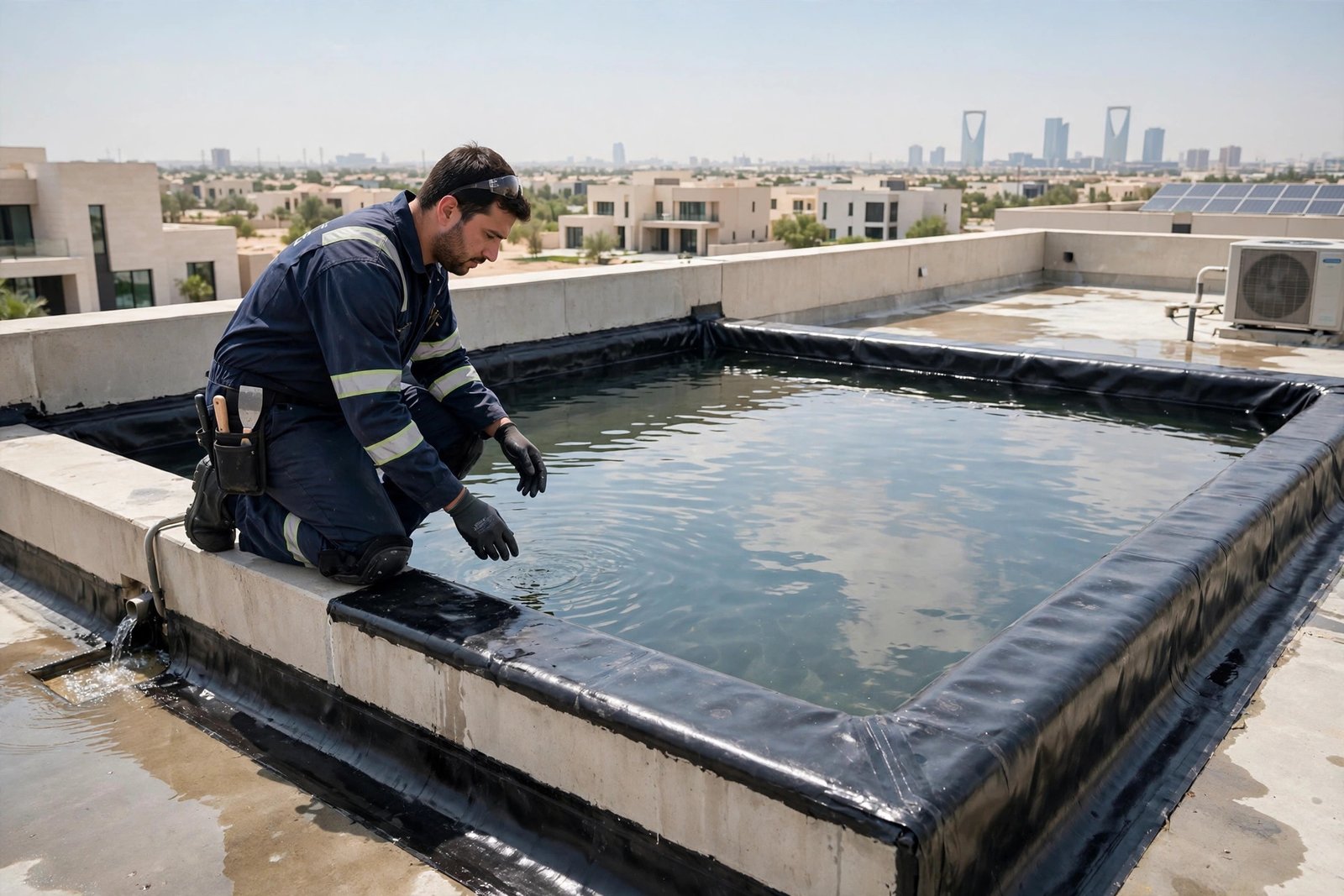 Waterproofing flood test method on a villa rooftop in Riyadh with ponded test water