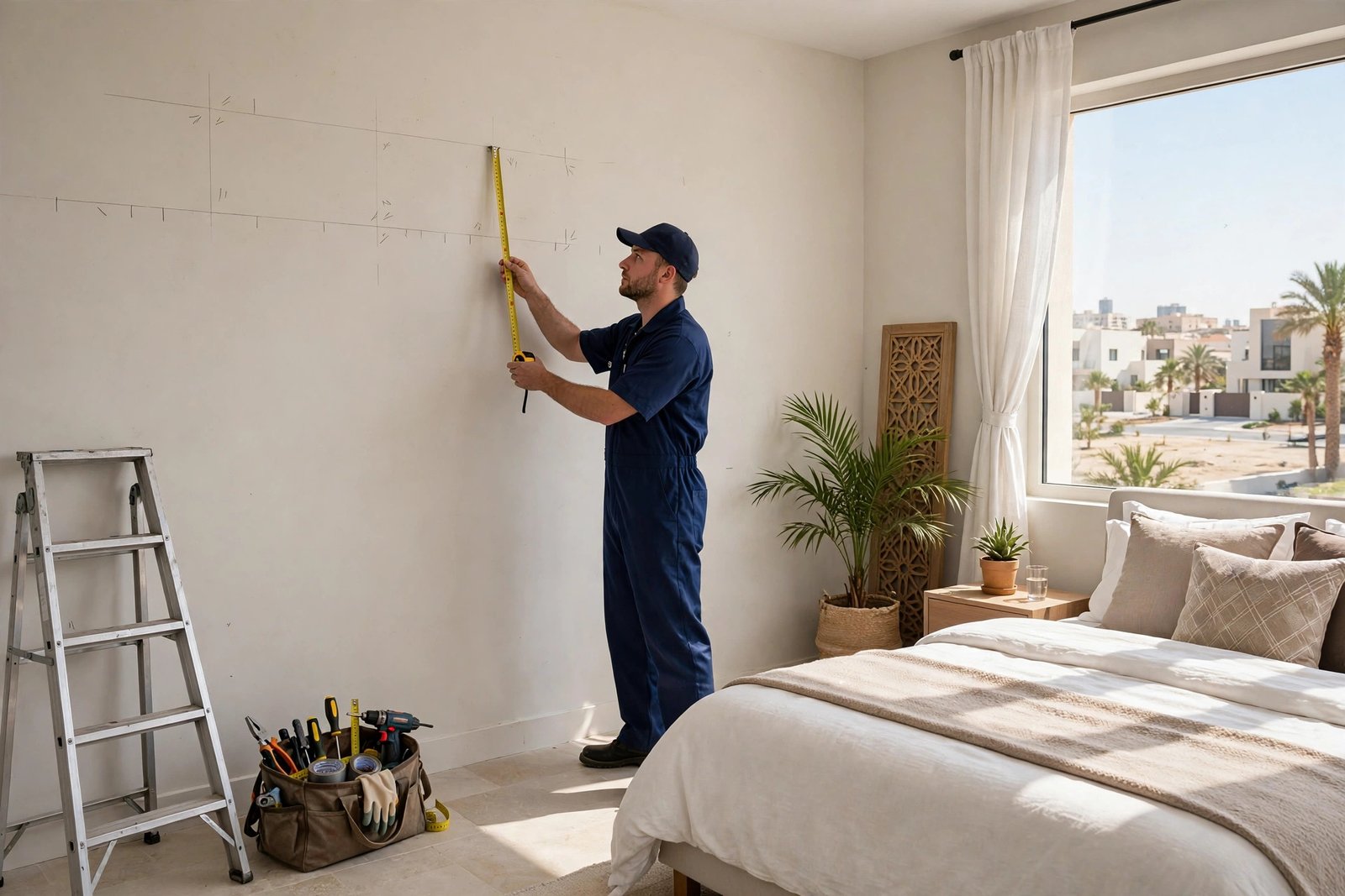 Technician measuring the wall during stage 1 of the ac installation timeline stages in a Riyadh villa