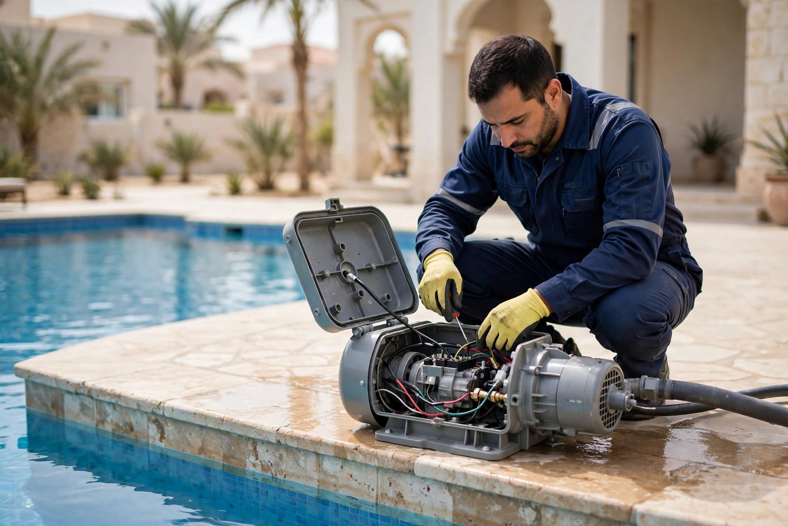 Electrician performing pool pump wiring safety service on a swimming pool pump at a Riyadh villa