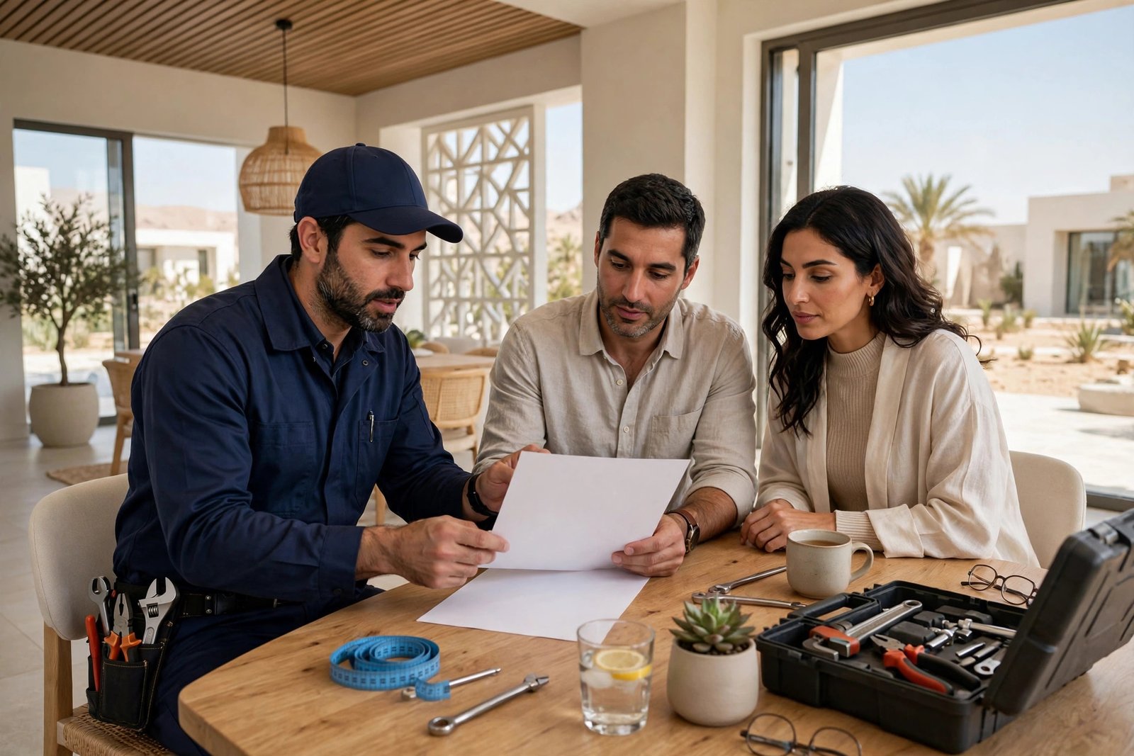 Plumber reviewing plumbing quotes Riyadh with a homeowner at a villa dining table