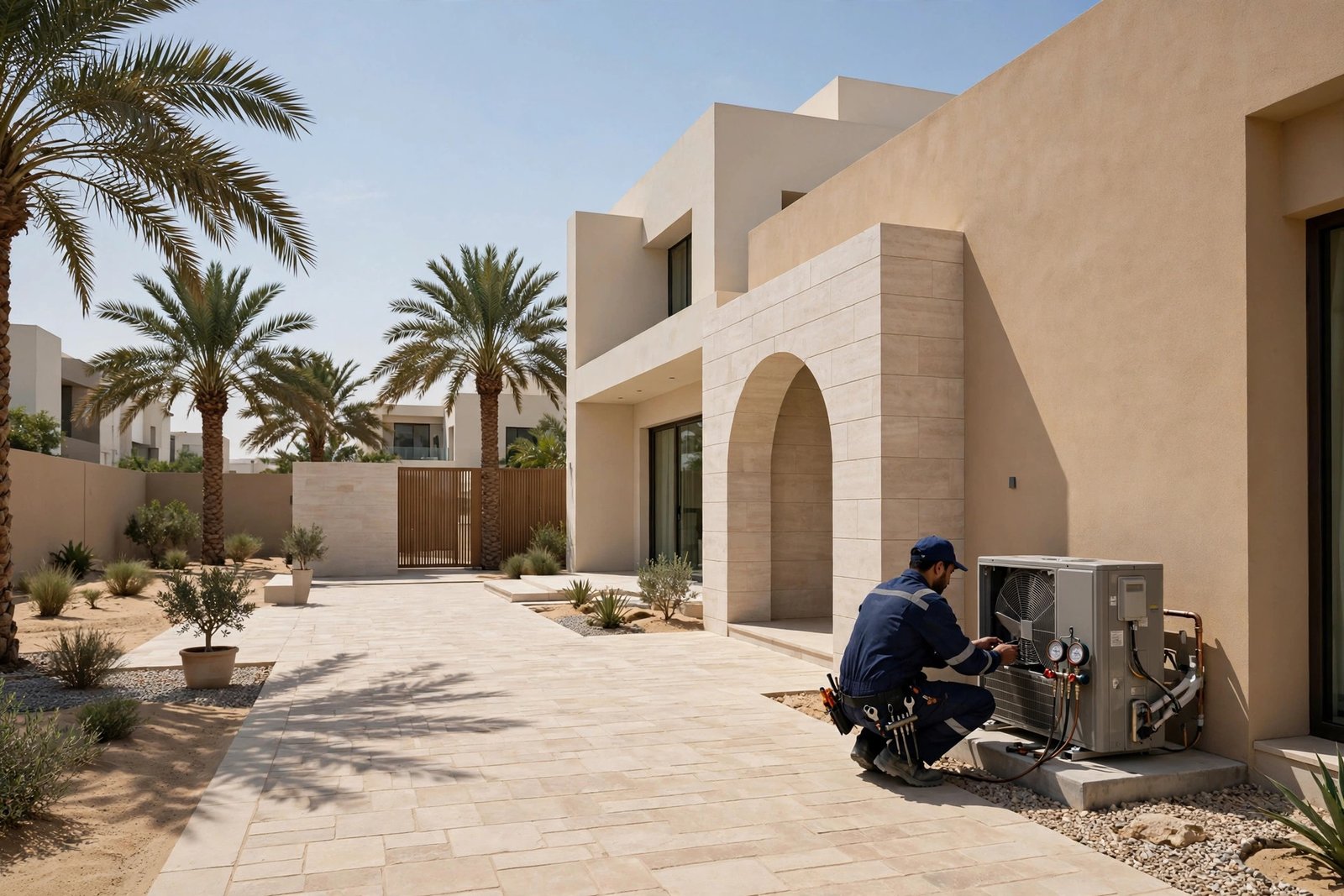 Technician servicing a split AC outdoor unit to extend split ac lifespan riyadh
