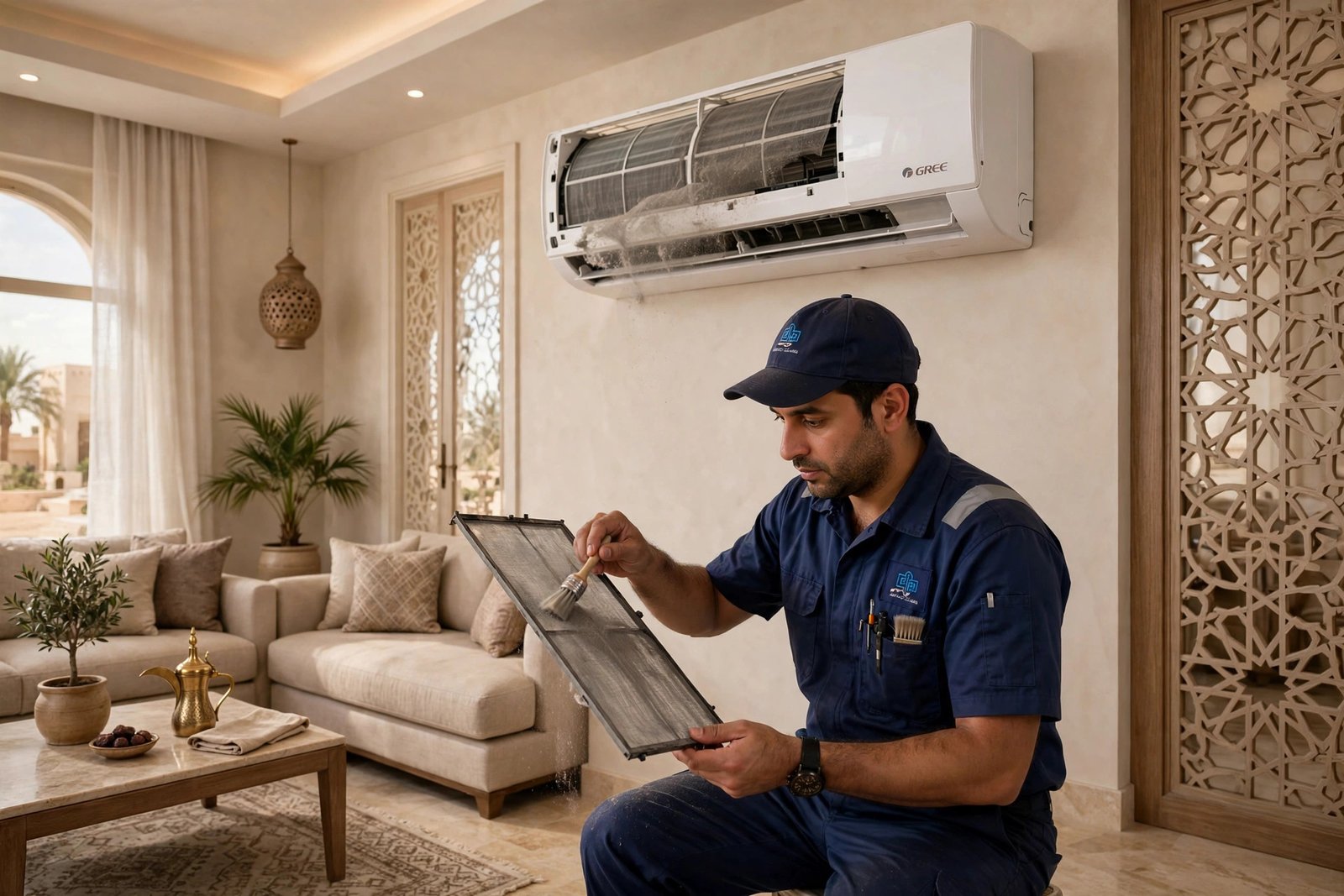 Gree AC Service Riyadh: technician cleaning split AC dust filter in villa living room