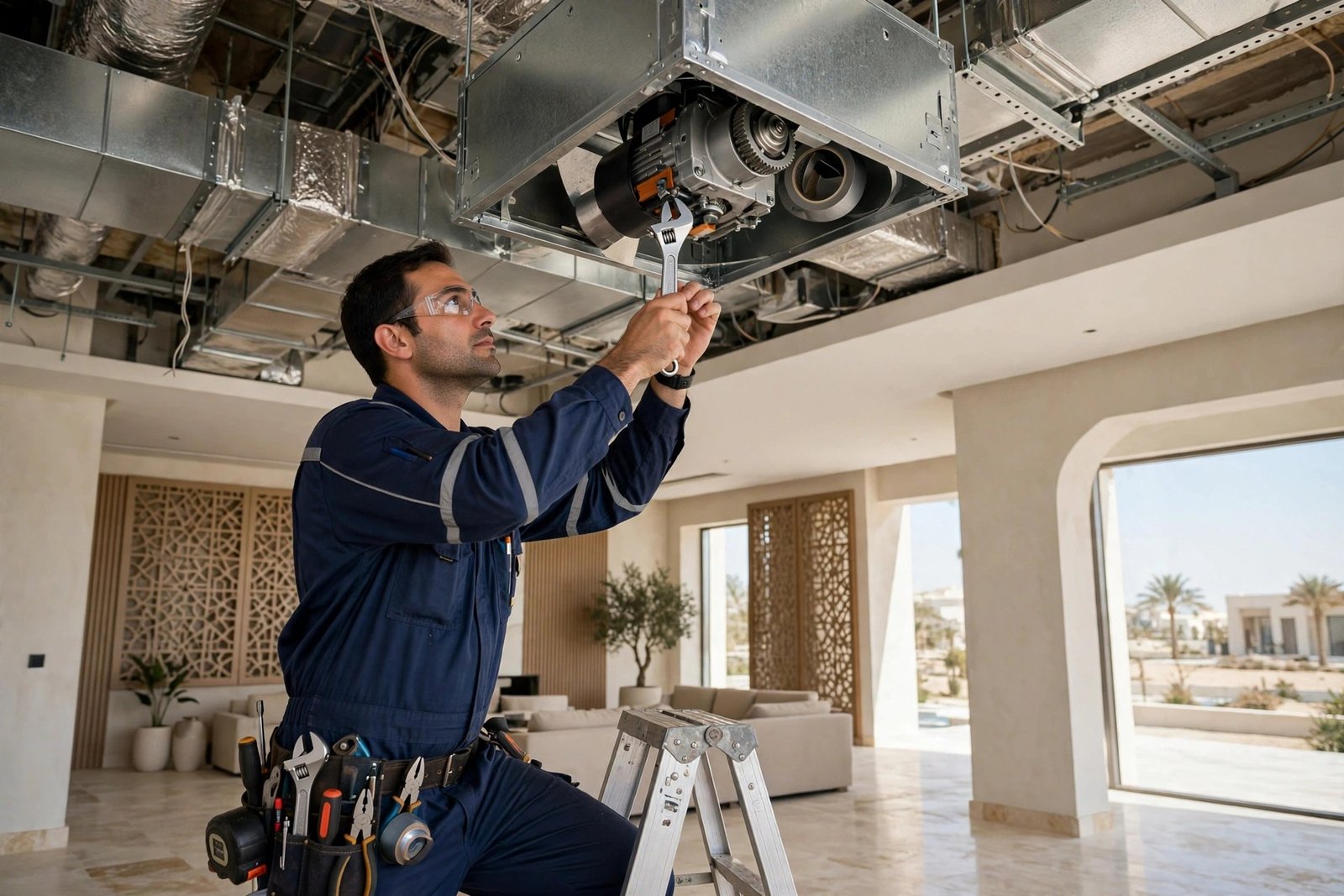 HVAC technician adjusting motorized zone dampers for hvac zoning large villa system in Riyadh