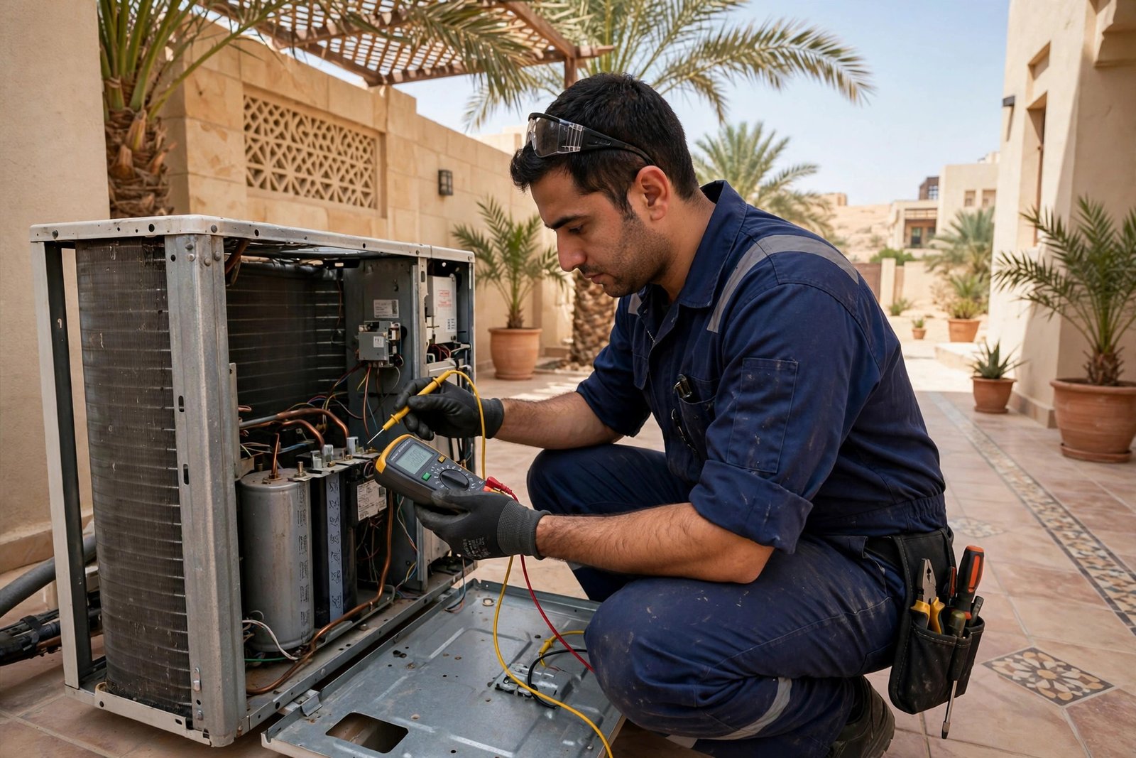 Technician testing split ac capacitor replacement signs inside an outdoor split AC unit in Riyadh