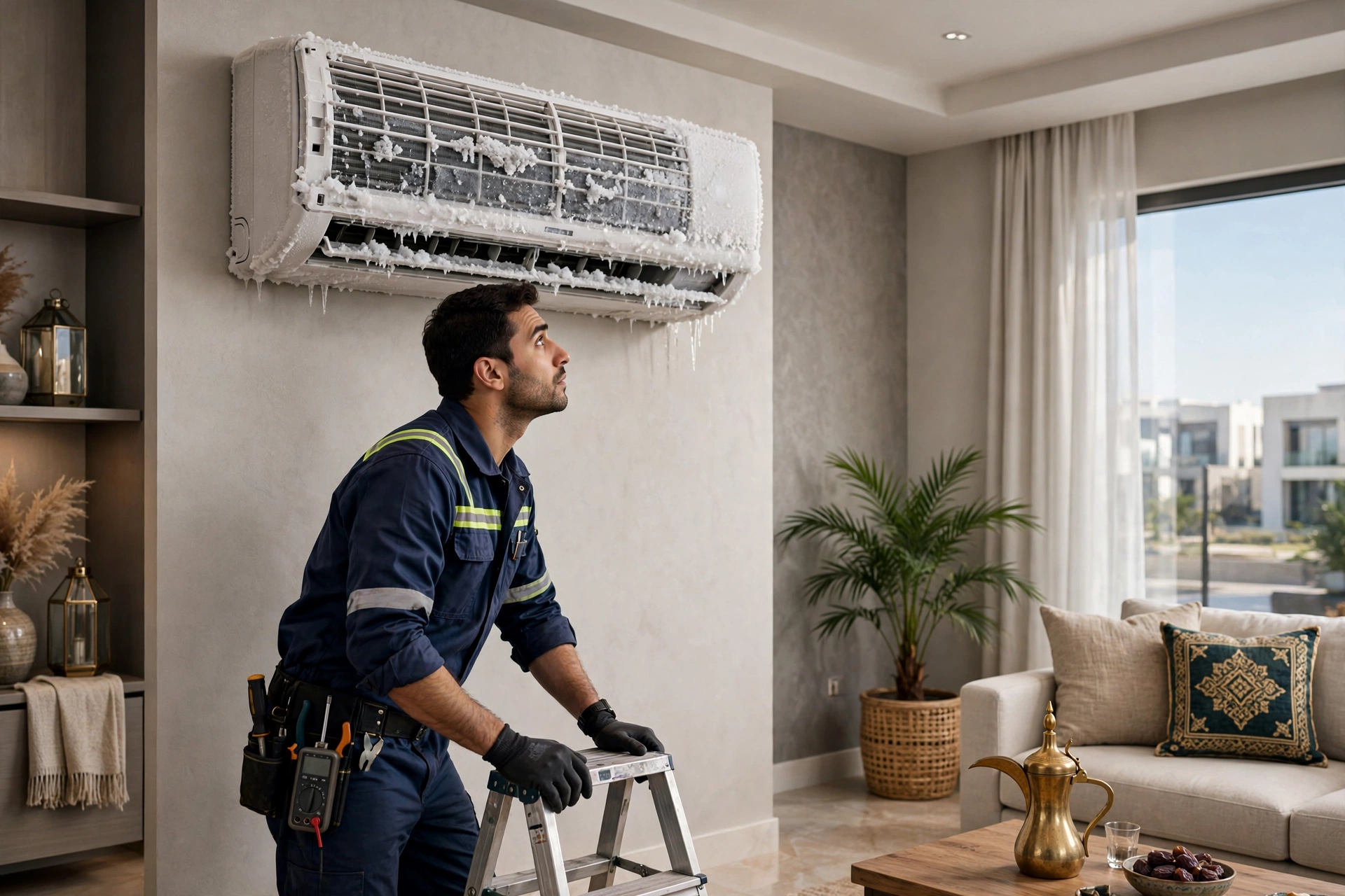 Technician inspecting split AC freezing in Riyadh home, frost on indoor unit