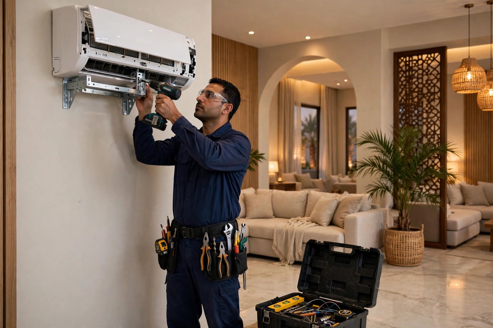 VRV vs split AC villa comparison: split AC indoor unit being installed in a villa living room