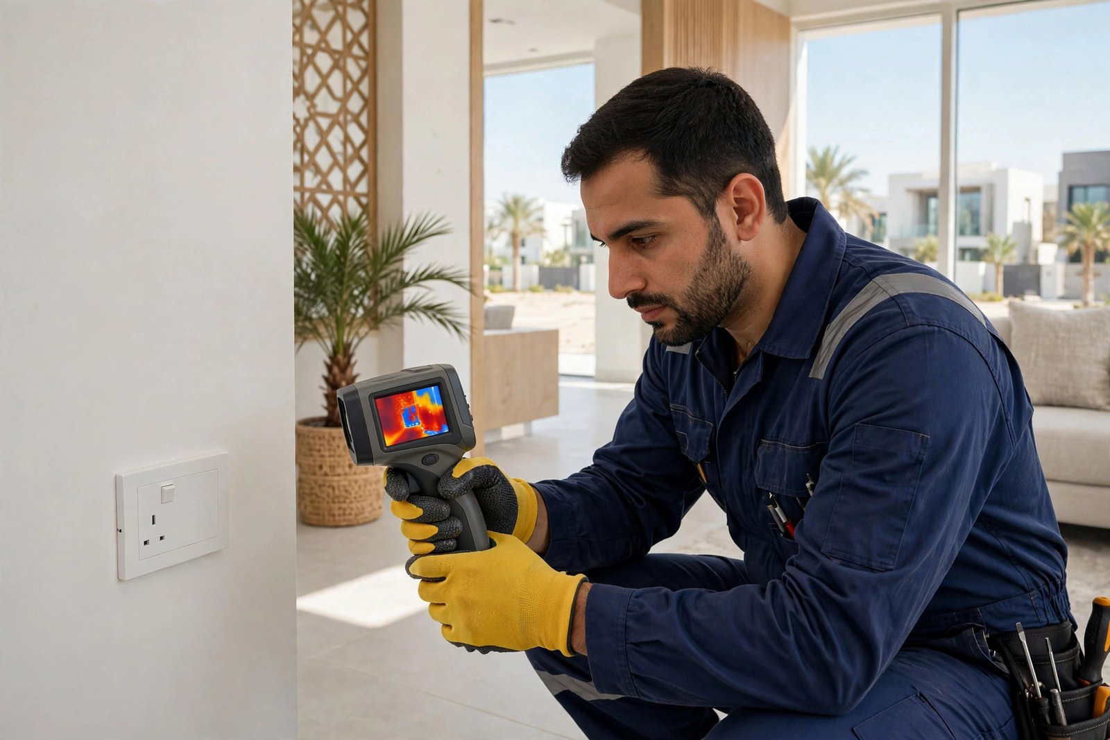 Thermal camera scan used in burning smell outlet steps inspection by certified electrician