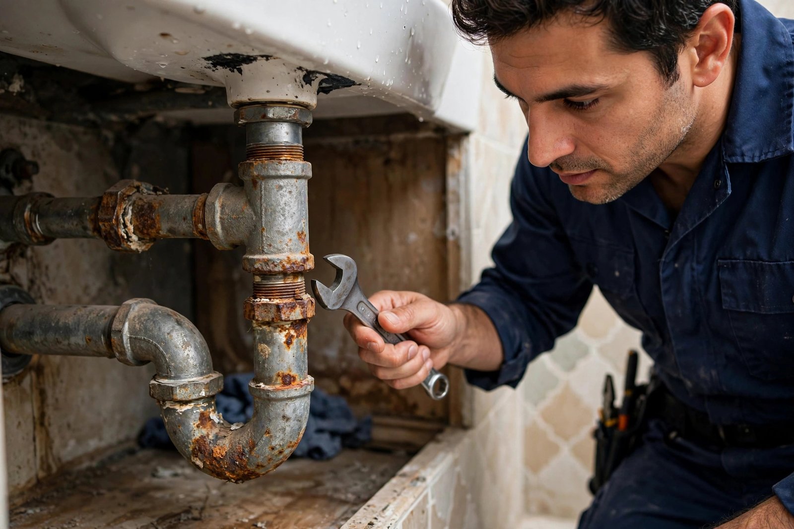 Rusty pipes, a leading cause among yellow tap water reasons, inspected under a villa sink