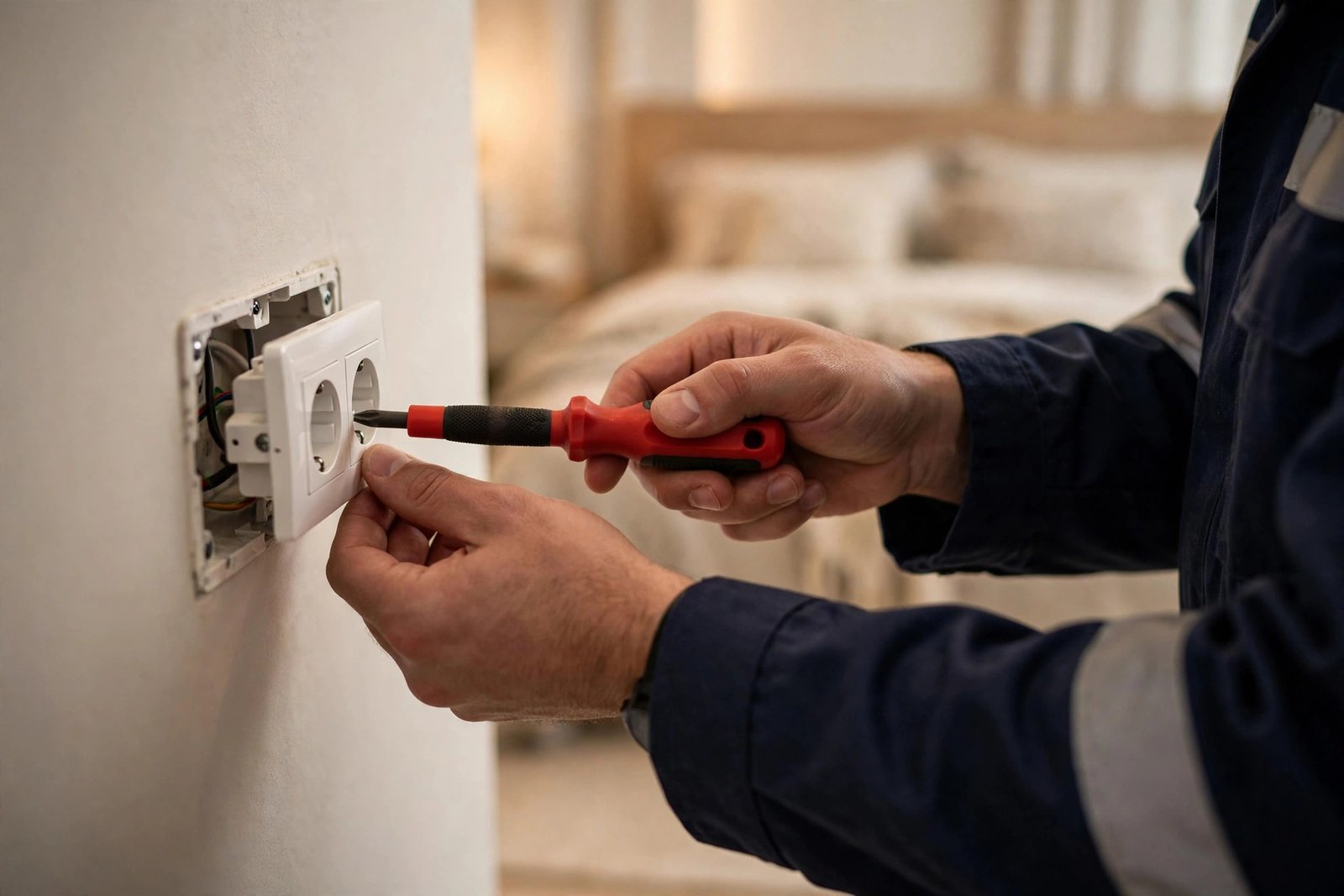 Electrician installing a twin wall socket in a Saudi villa bedroom during a villa socket planning visit