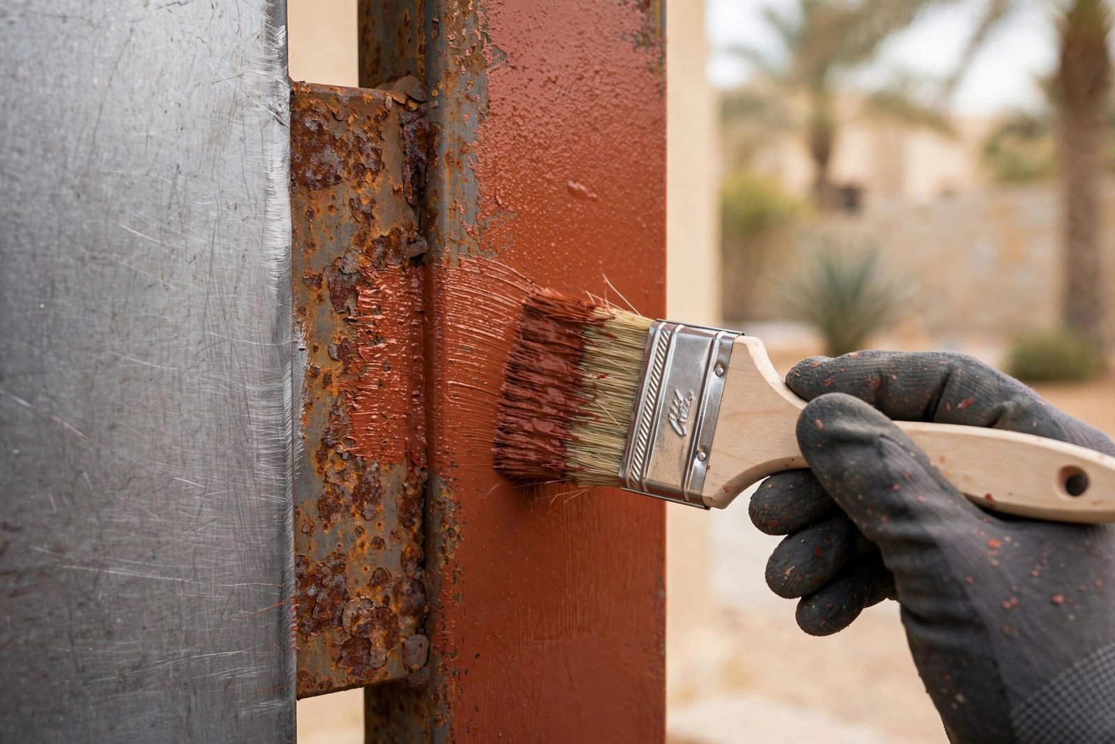Painter applying rust-inhibiting primer during metal gate painting steps on a steel gate