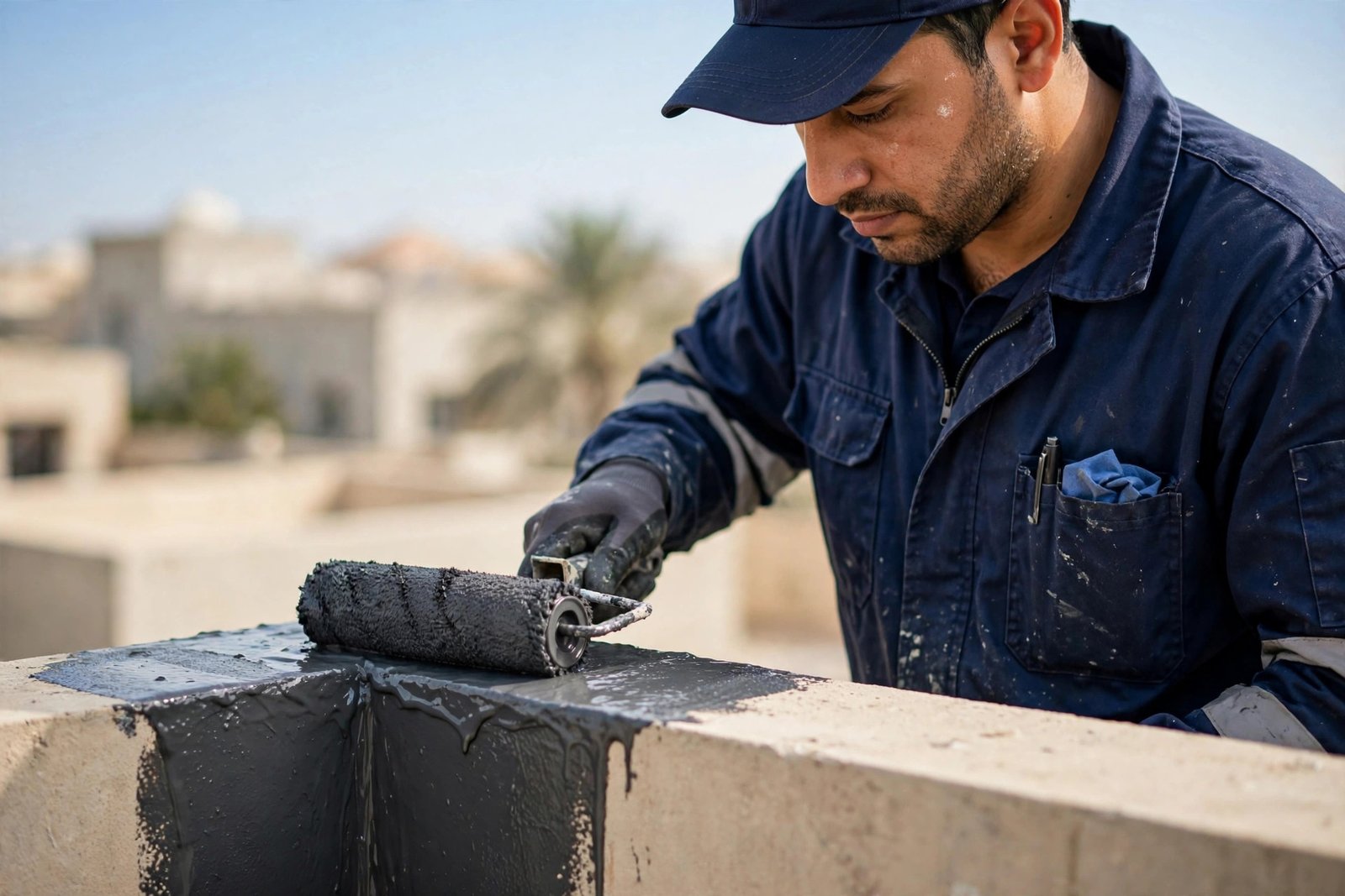 Parapet wall leakage repair: applying liquid waterproofing membrane to a villa parapet wall in Riyadh