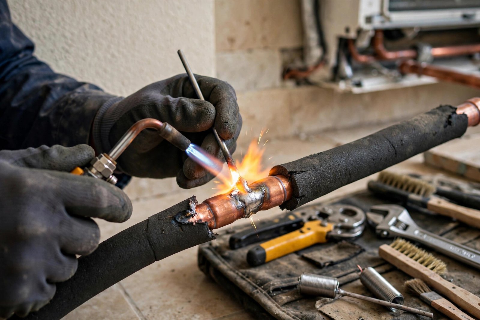 Technician brazing copper pipe joints during a split AC installation, skilled work that is part of AC copper pipe charges