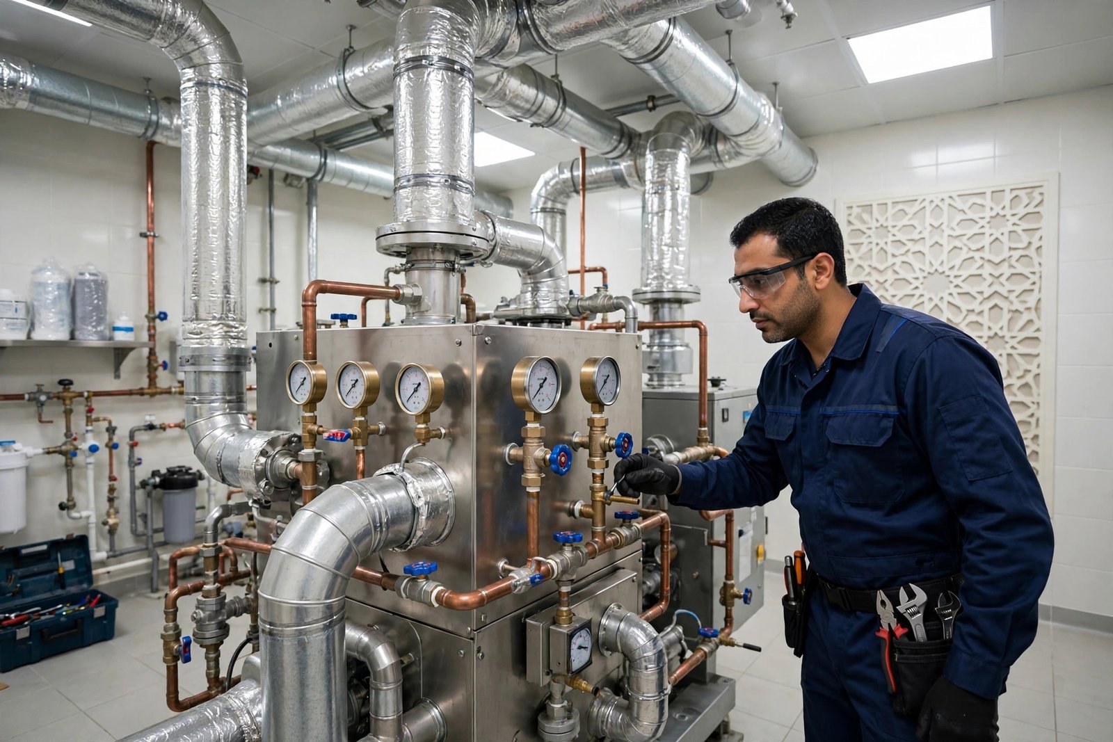 Clinic HVAC standards inspection of an air handling unit with ducts and gauges in a medical clinic mechanical room