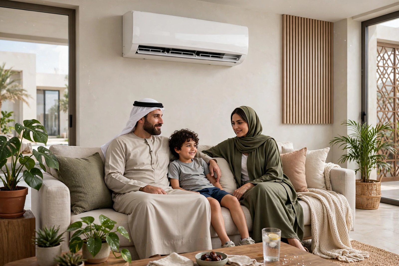 Family enjoying fresh low-humidity indoor comfort, an ideal dry mode use case in Riyadh villas