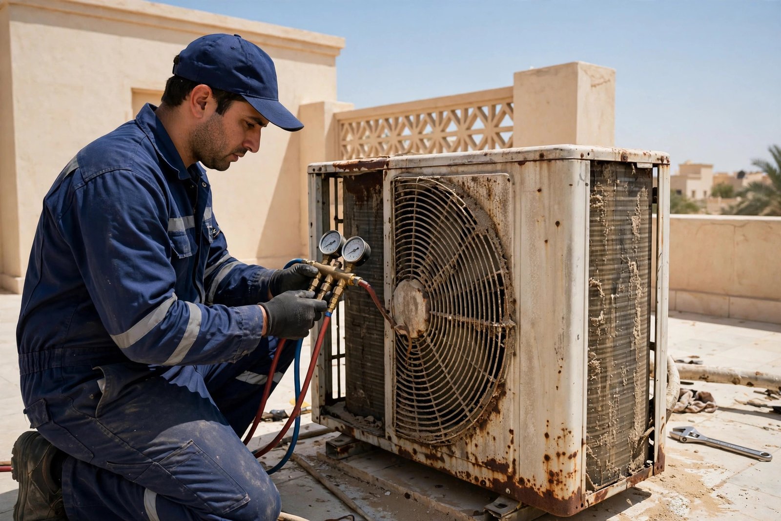 signs to replace a split AC: technician checking a rusted old outdoor compressor unit on a Saudi villa rooftop