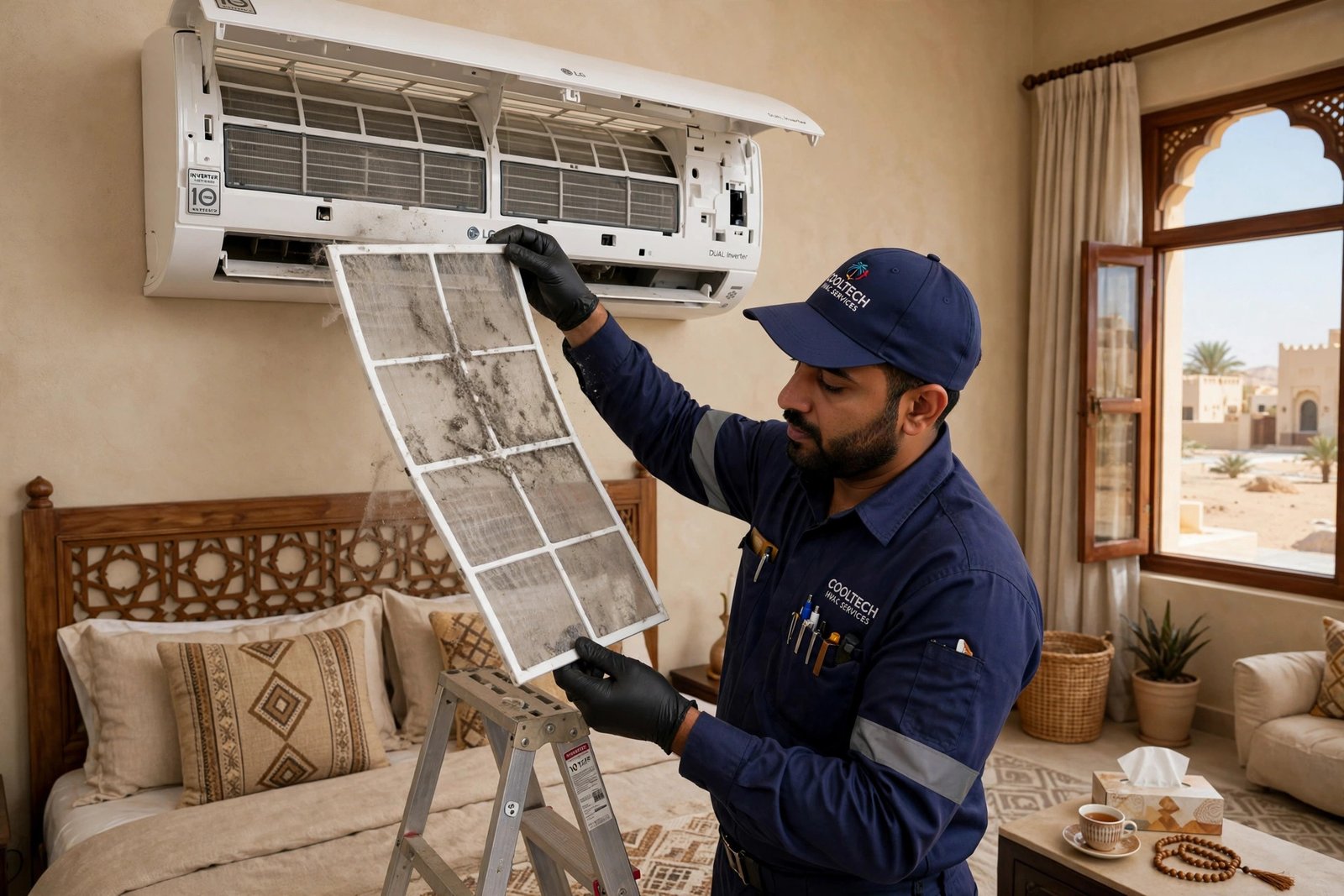 Cleaning dusty air filters during an lg ac repair riyadh visit in a Saudi villa bedroom