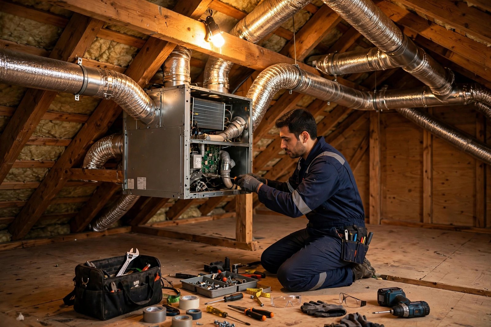 Energy recovery ventilator unit, a premium home ventilation systems riyadh option, serviced in a villa attic
