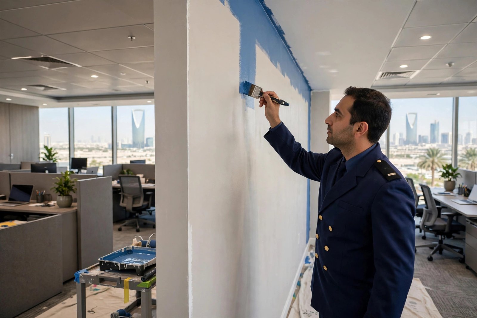 Professional office painters in Riyadh cutting crisp paint lines on an office wall