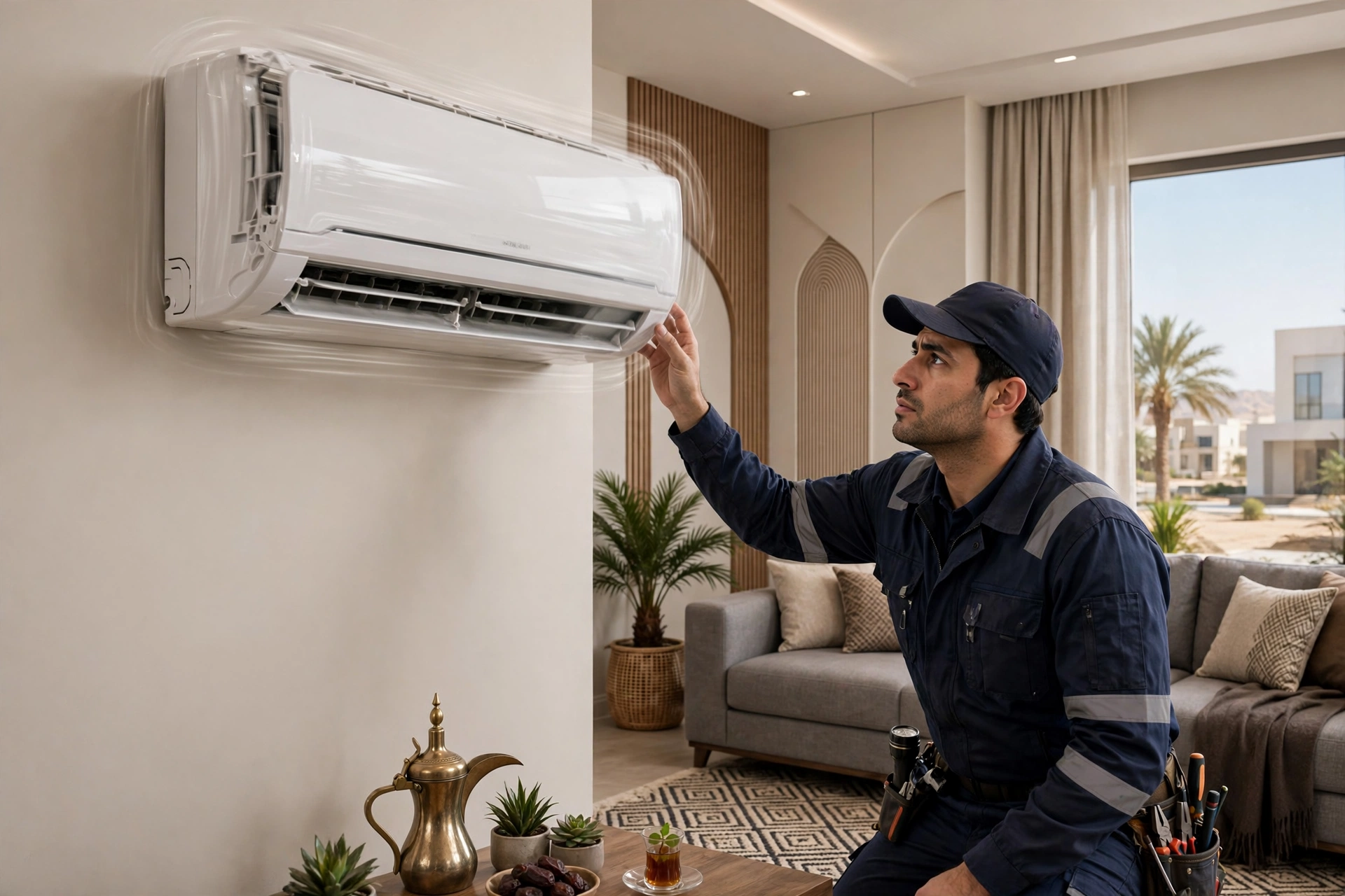Indoor split AC unit vibrating on a living room wall while a technician inspects it, a common AC vibrating cause in Riyadh homes