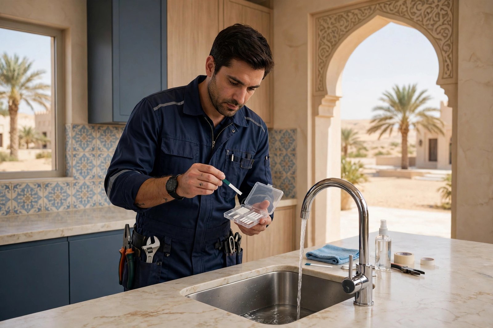 Water hardness test in a Riyadh home before water softener installation