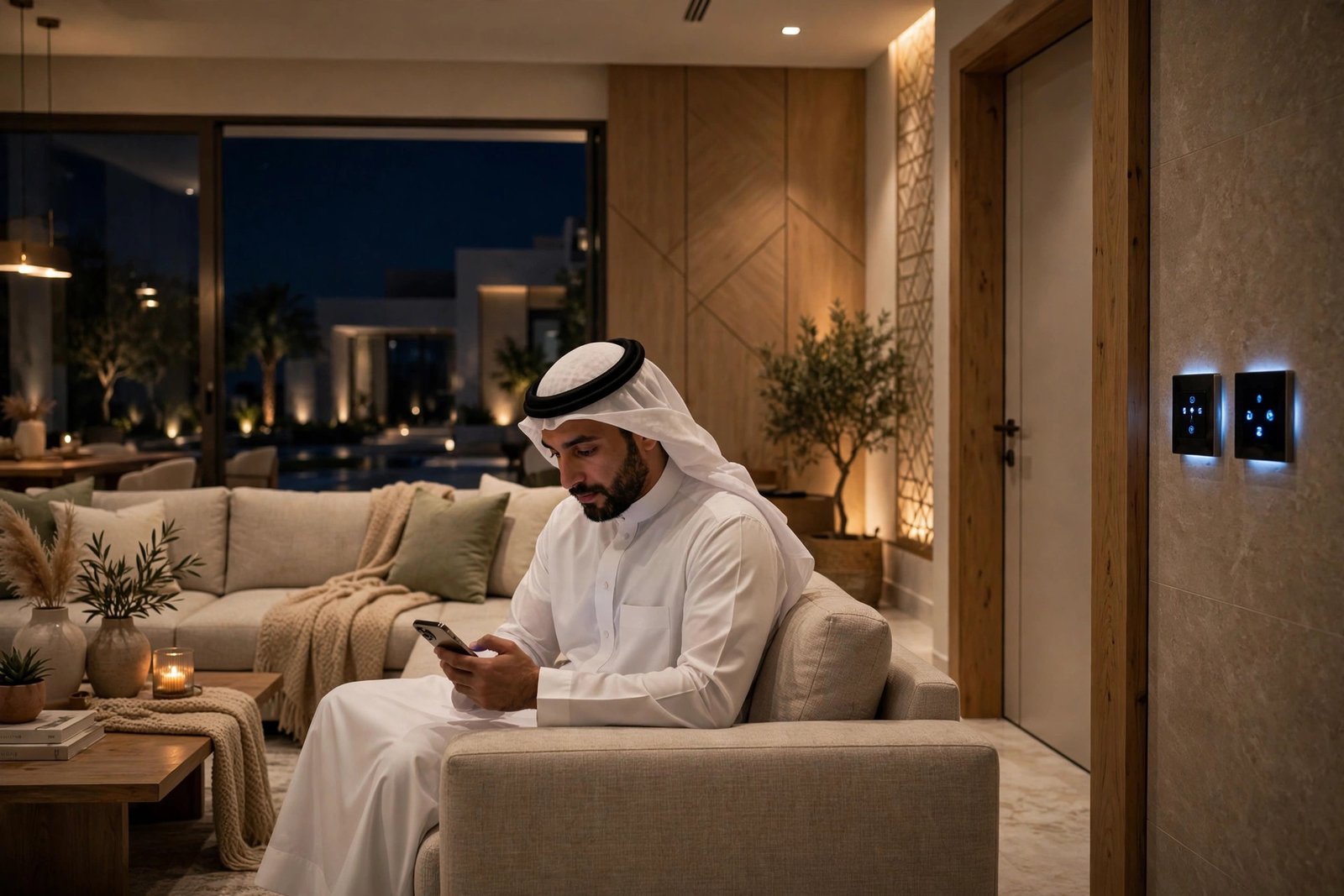 Smart switches Riyadh benefits: homeowner controlling villa lighting from a phone app at night