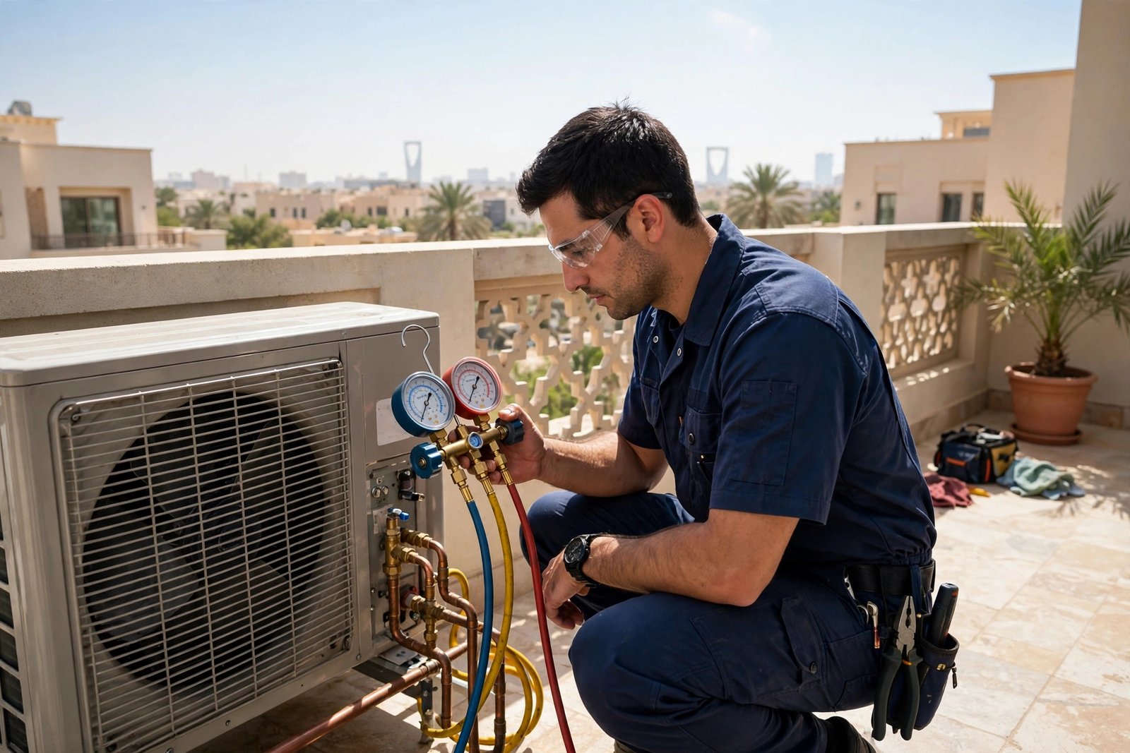 Technician checking refrigerant pressure gauges on an outdoor condenser during a pre summer ac tune up in Riyadh