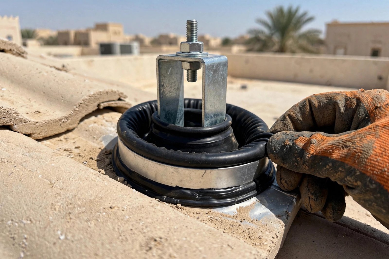 Solar panel mount waterproofing tips: flashing boot fitted around a solar bracket bolt