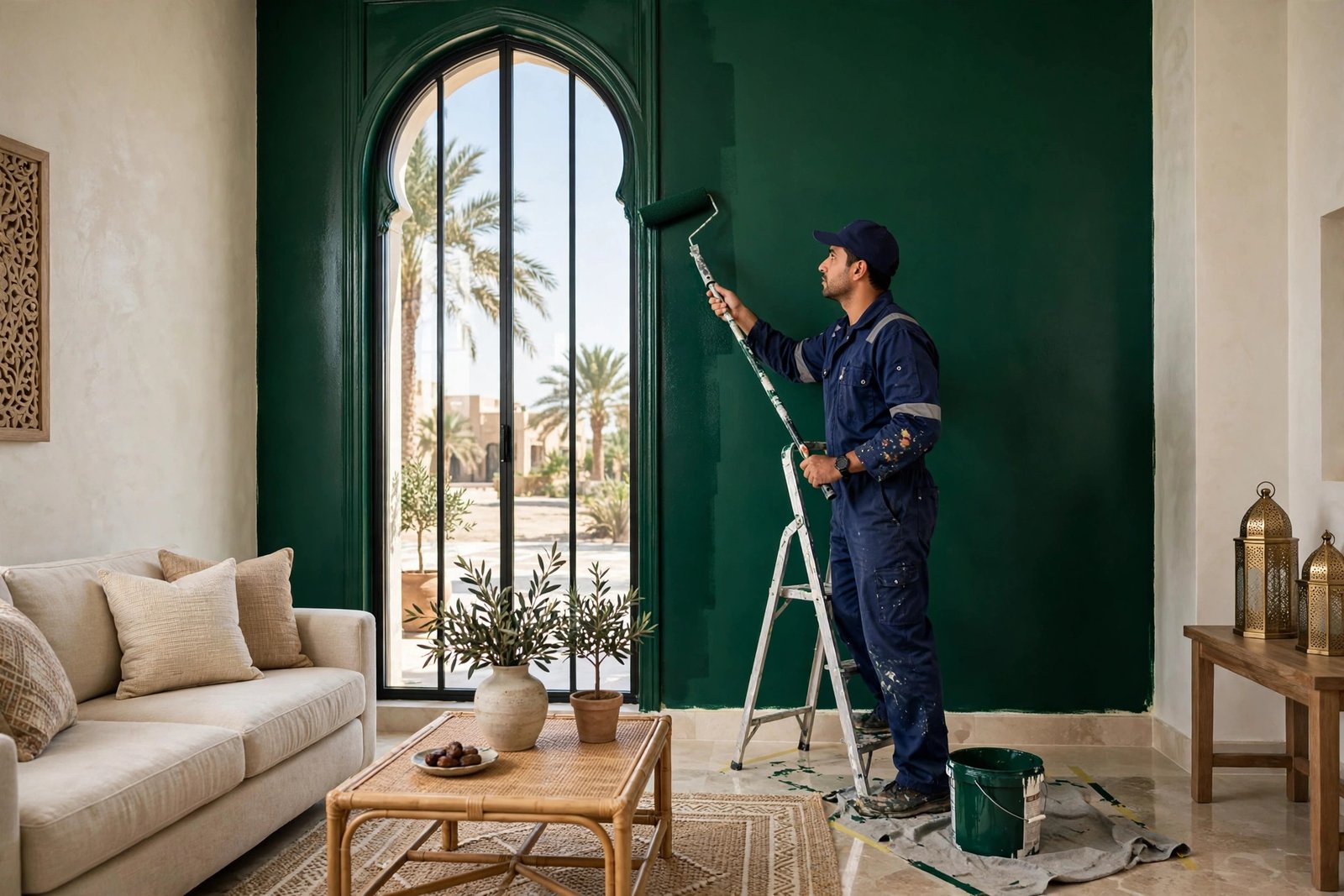 Professional painter cutting in emerald green paint on an accent wall in a bright Riyadh villa