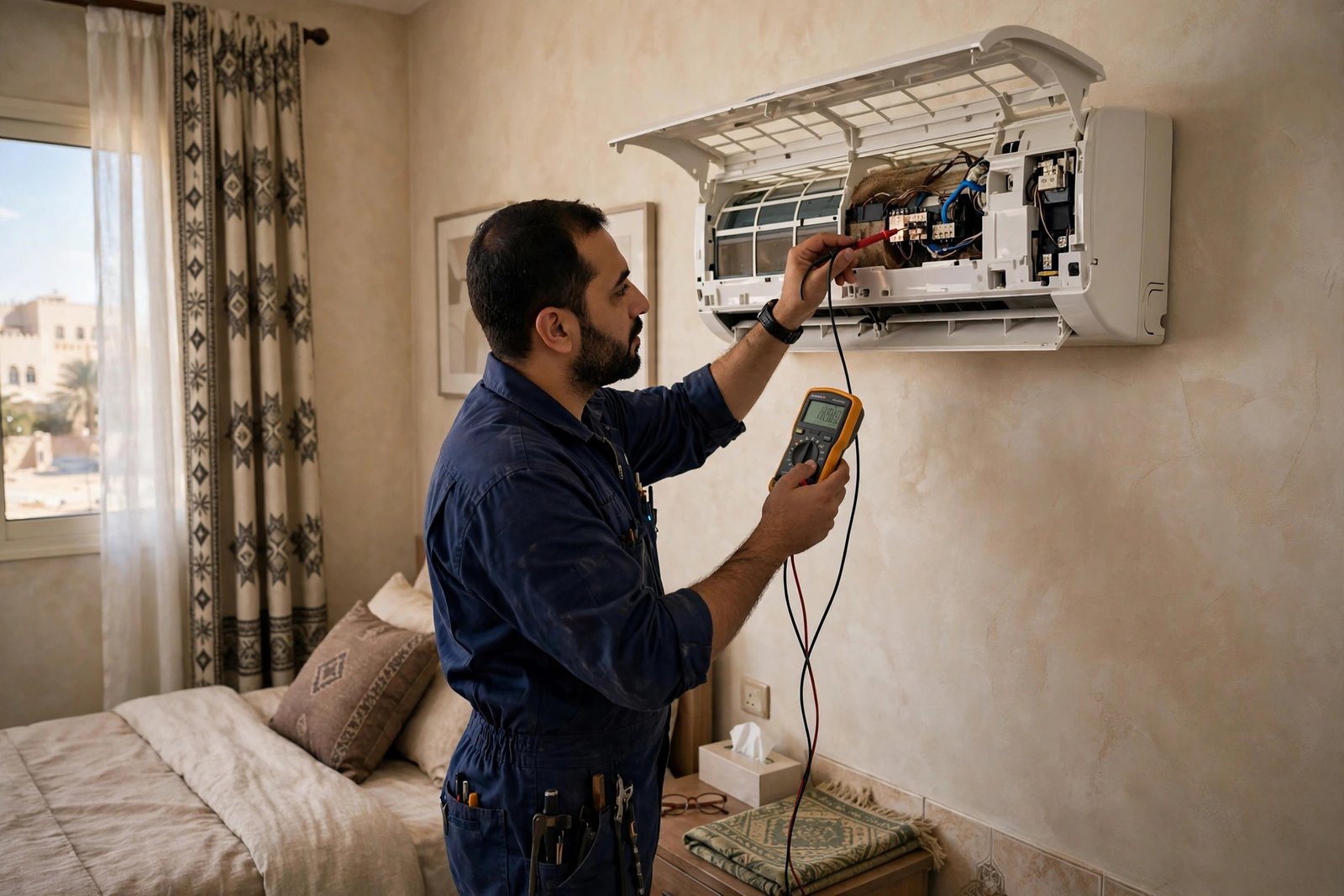 Certified technician testing wiring inside a Samsung AC with timer light blinking in a Saudi bedroom