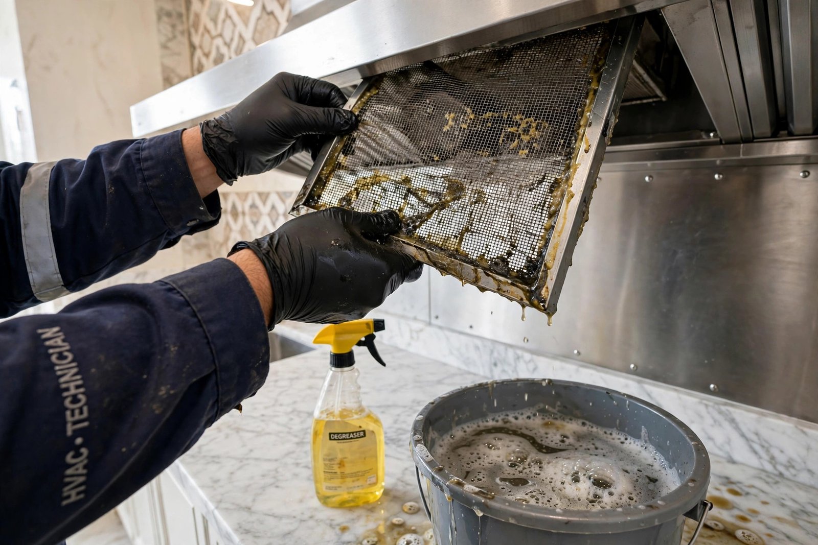 Close-up of greasy exhaust filters during kitchen exhaust system cleaning by a SheelTalab technician