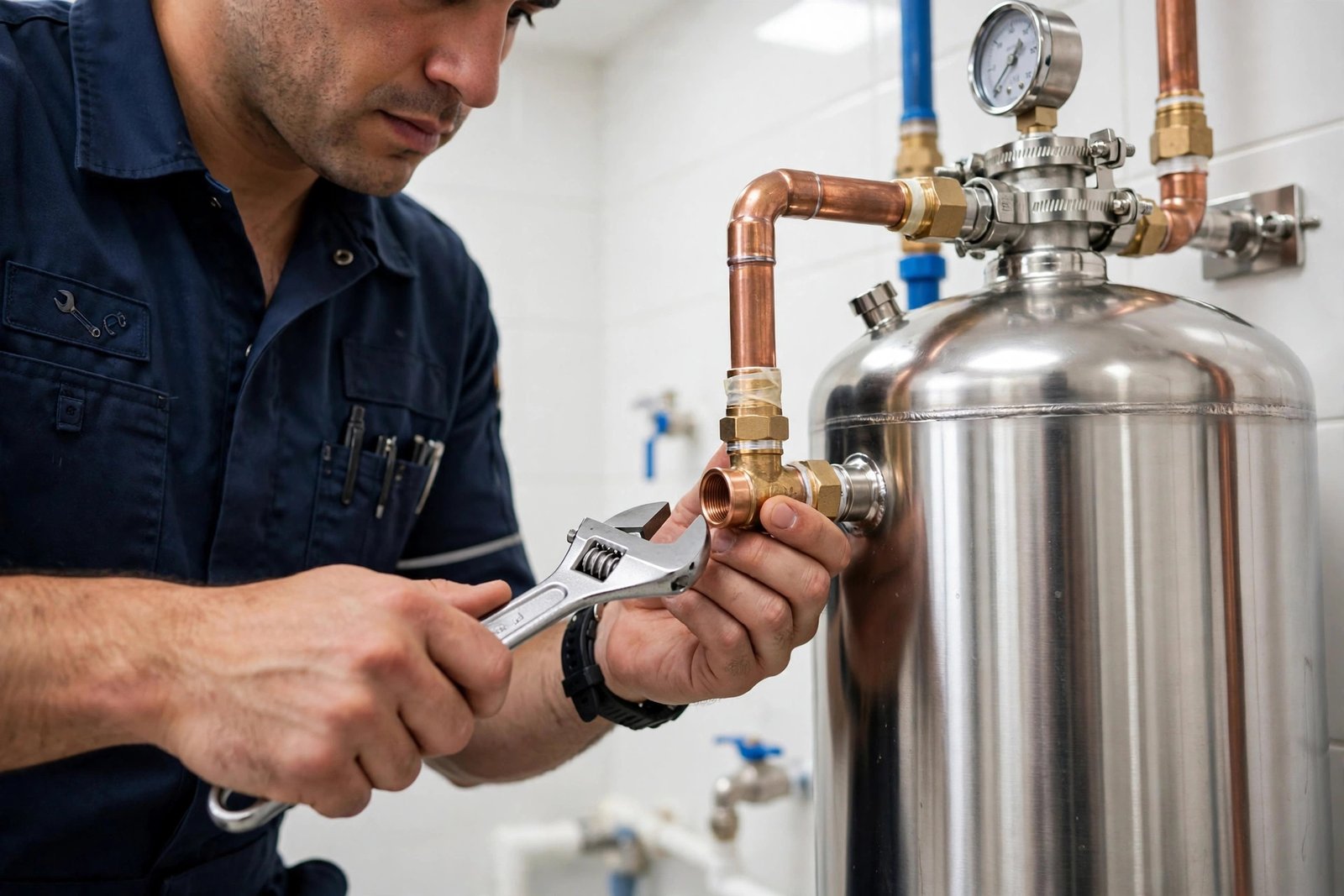 Best whole house water filter riyadh installation, plumber connecting stainless steel filter tank pipes