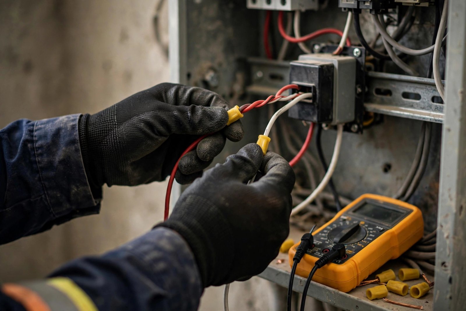 Electrician connecting video doorbell installation wiring to a transformer with a multimeter