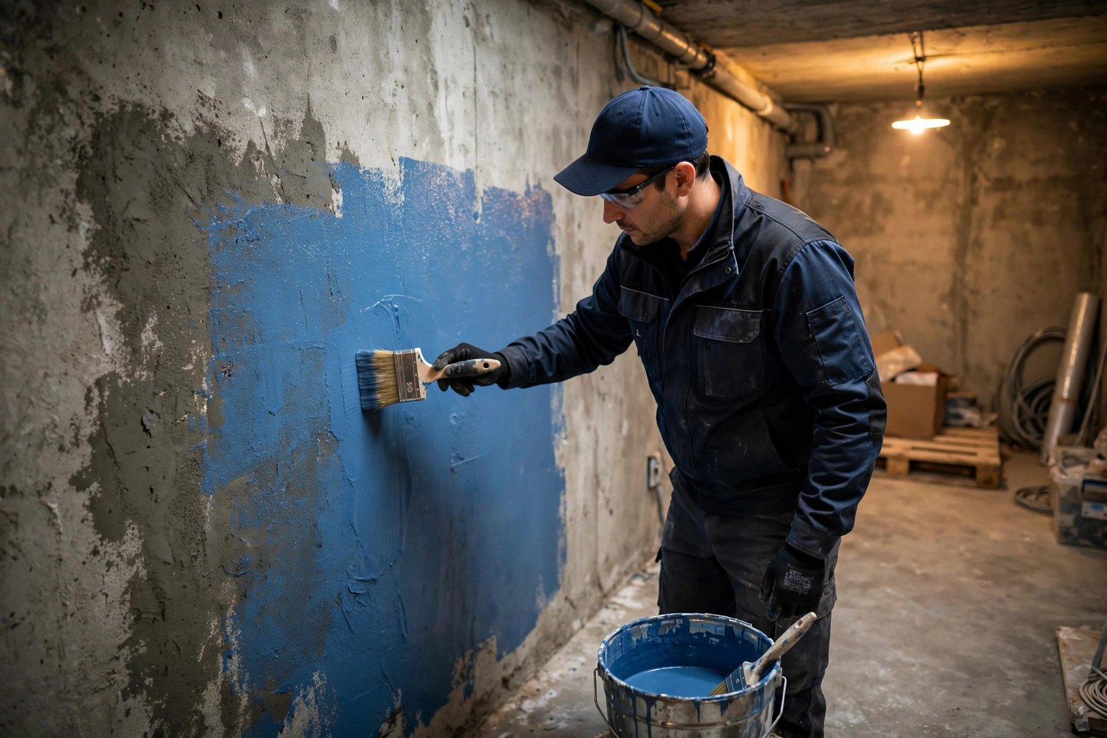 Technician brushing waterproof coating on a basement wall, part of foundation waterproofing cost Riyadh service