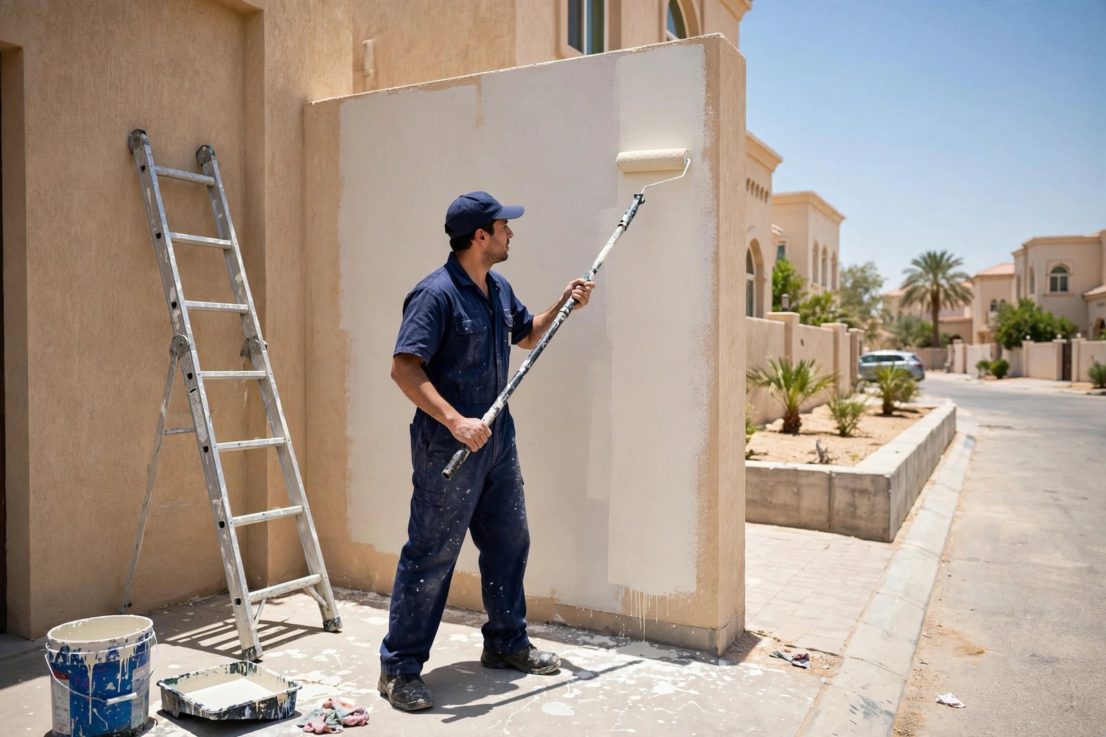 Painter applying fresh exterior paint on a Riyadh villa to fight exterior paint fading