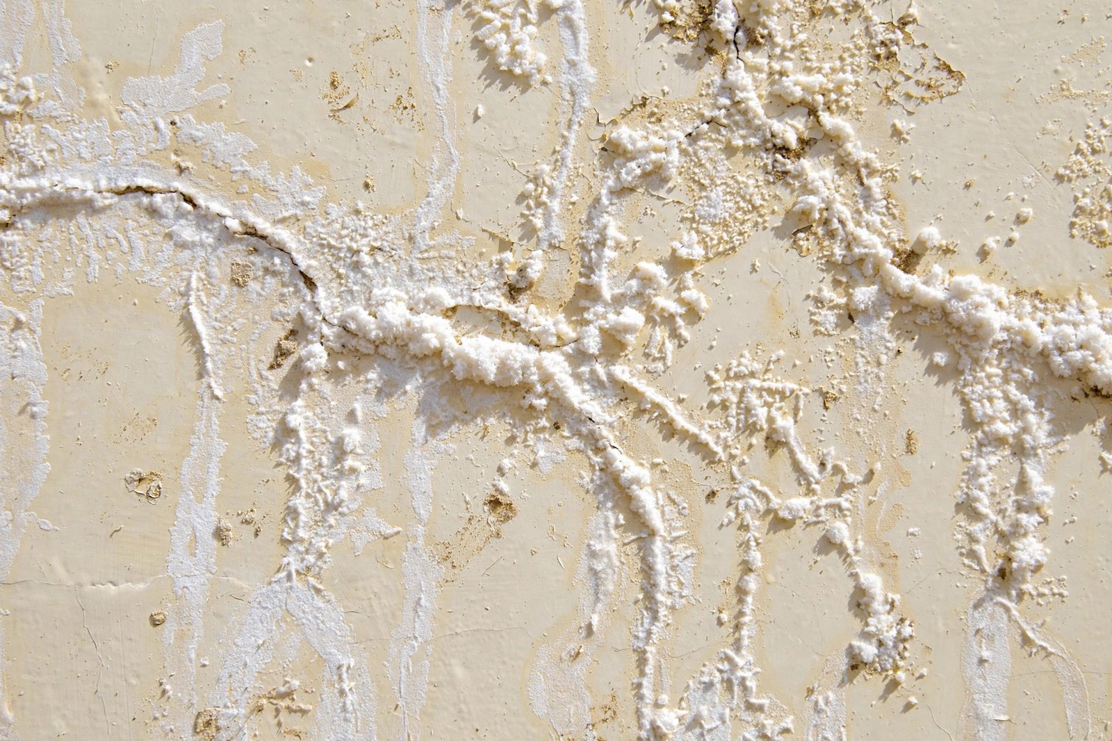 Close-up of efflorescence on a villa wall before wall dampness efflorescence treatment: white crystalline salt deposits on plaster