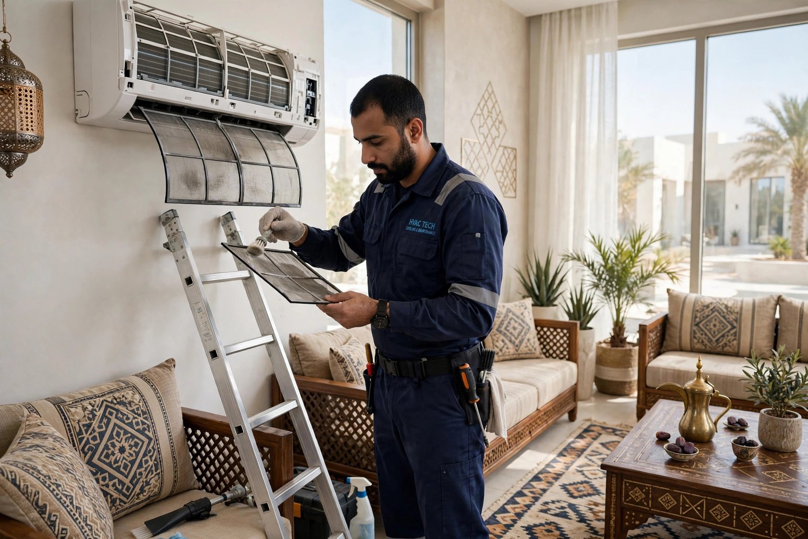 Post summer AC care steps: cleaning split AC indoor filters in a Riyadh villa
