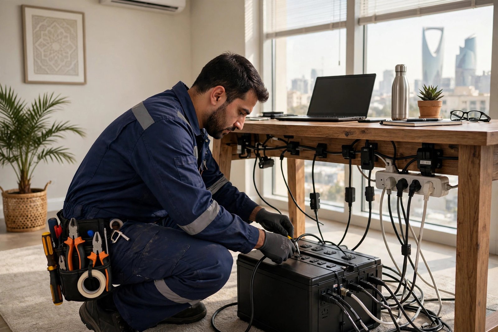 Uniformed electrician setting up a UPS backup unit under a home office desk, one of our home office wiring tips