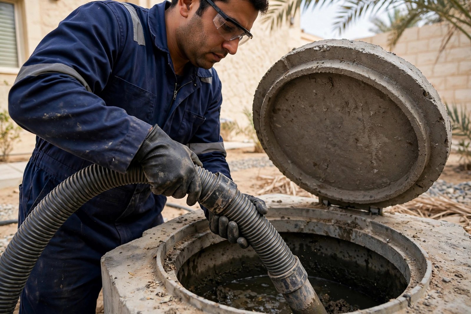 Septic tank maintenance facts: technician pumping a septic tank with a vacuum hose in Riyadh