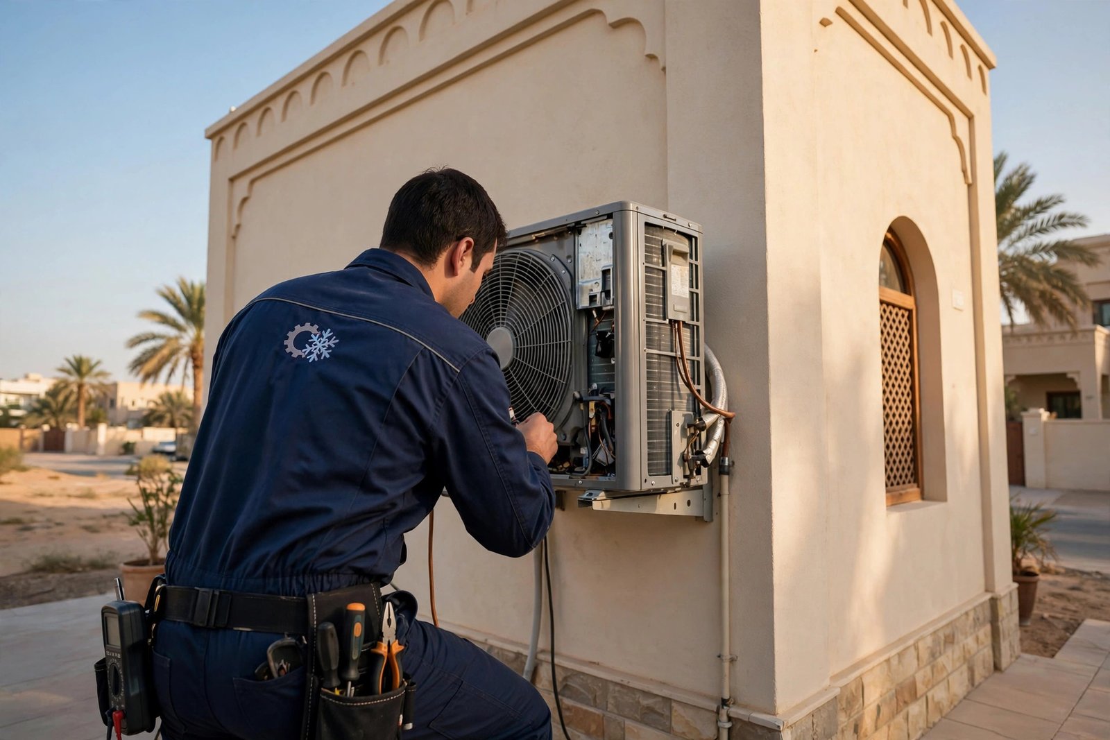 Split AC outdoor condenser unit inspection in Riyadh, split ac price riyadh tonnage size guide