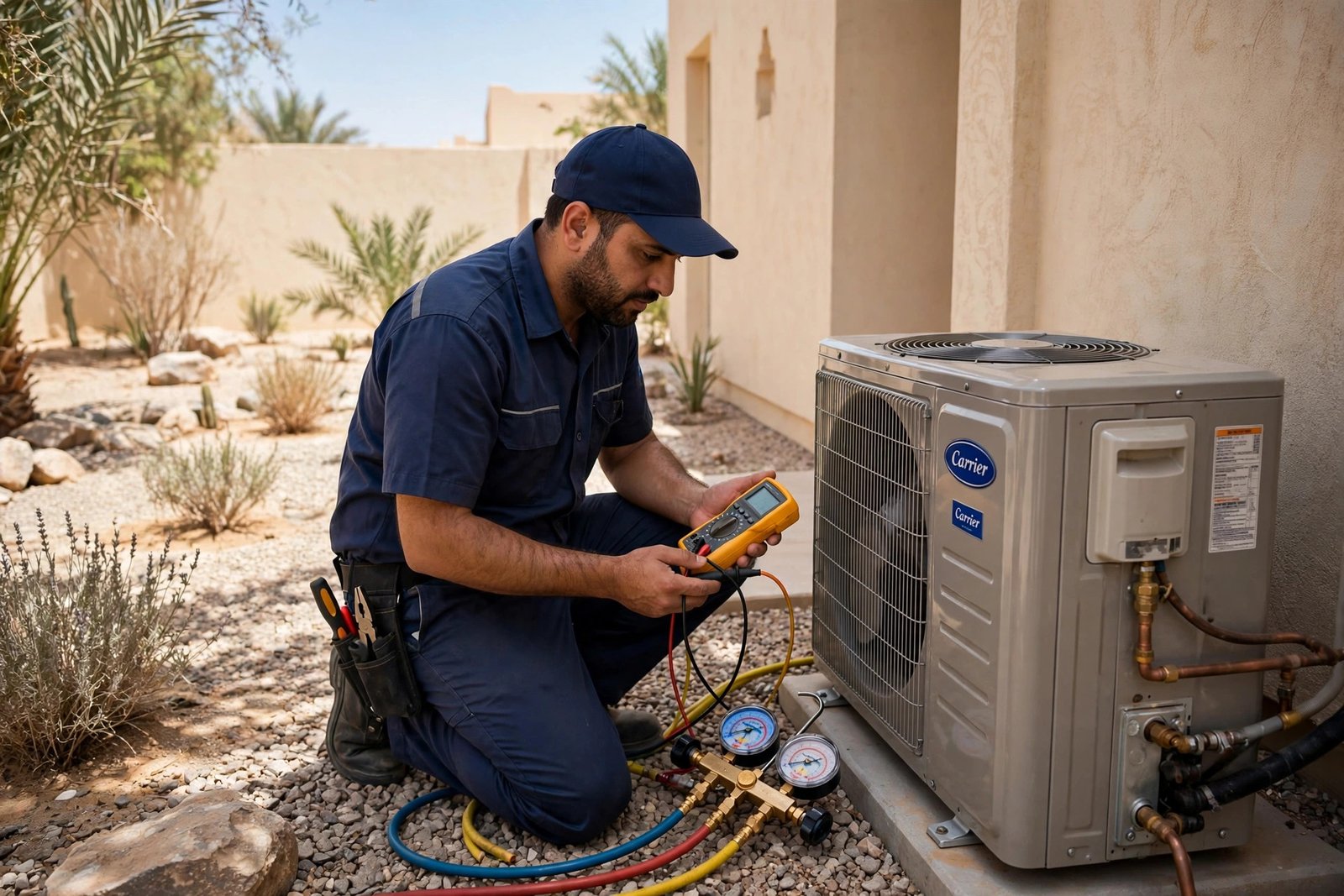 Carrier AC repair Riyadh outdoor condenser unit inspection by technician