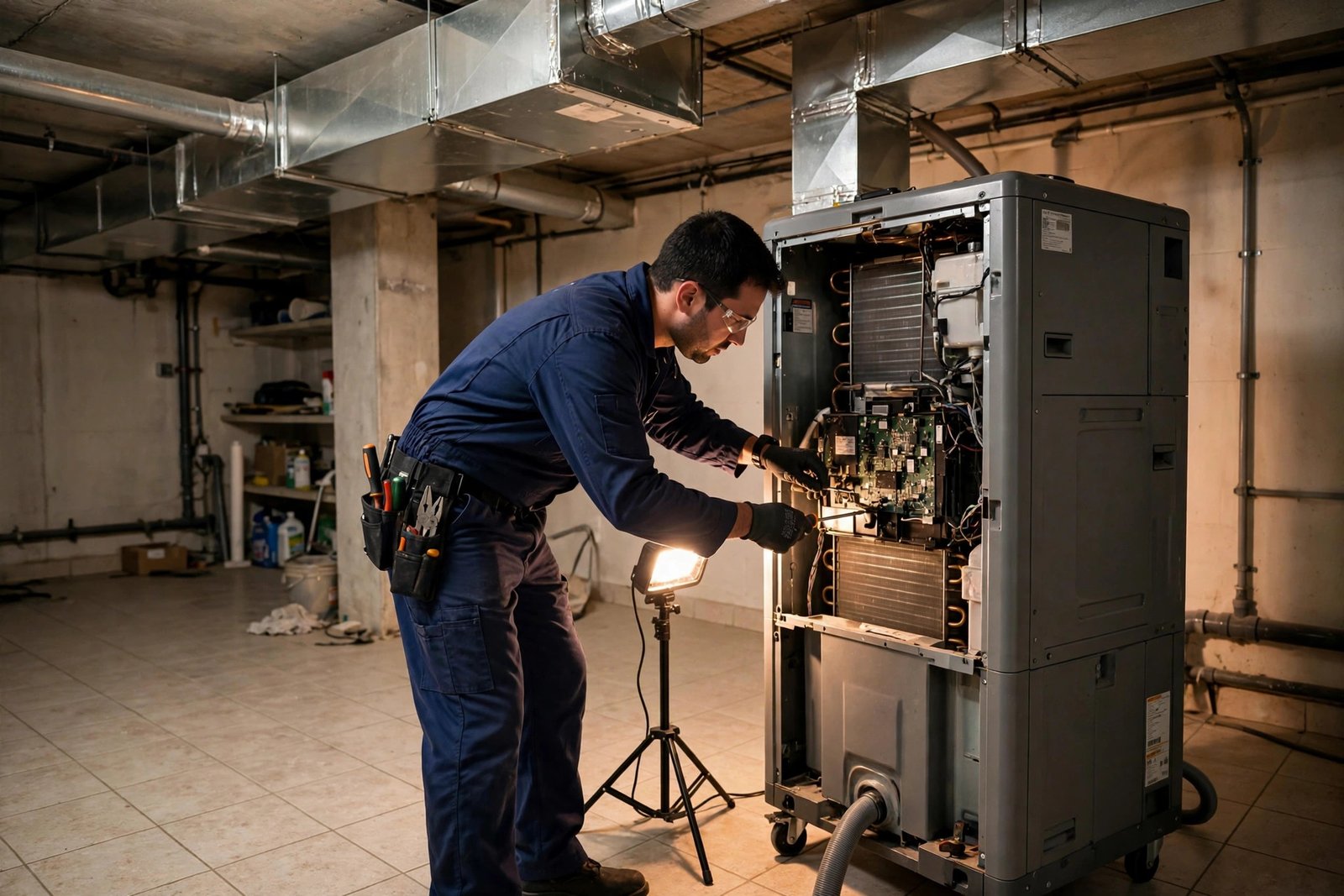 HVAC technician servicing a dehumidifier unit as part of basement ventilation solutions in Riyadh