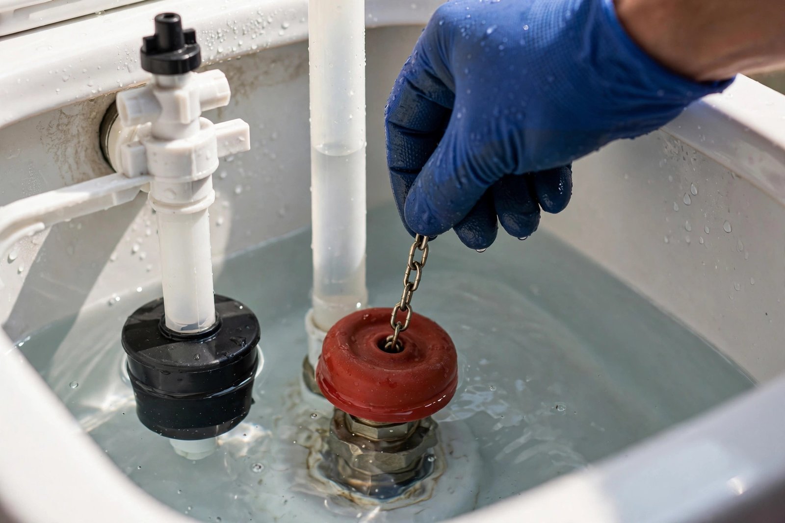 Toilet flapper valve inside cistern tank: close-up of flapper chain adjustment for toilet keeps running fix
