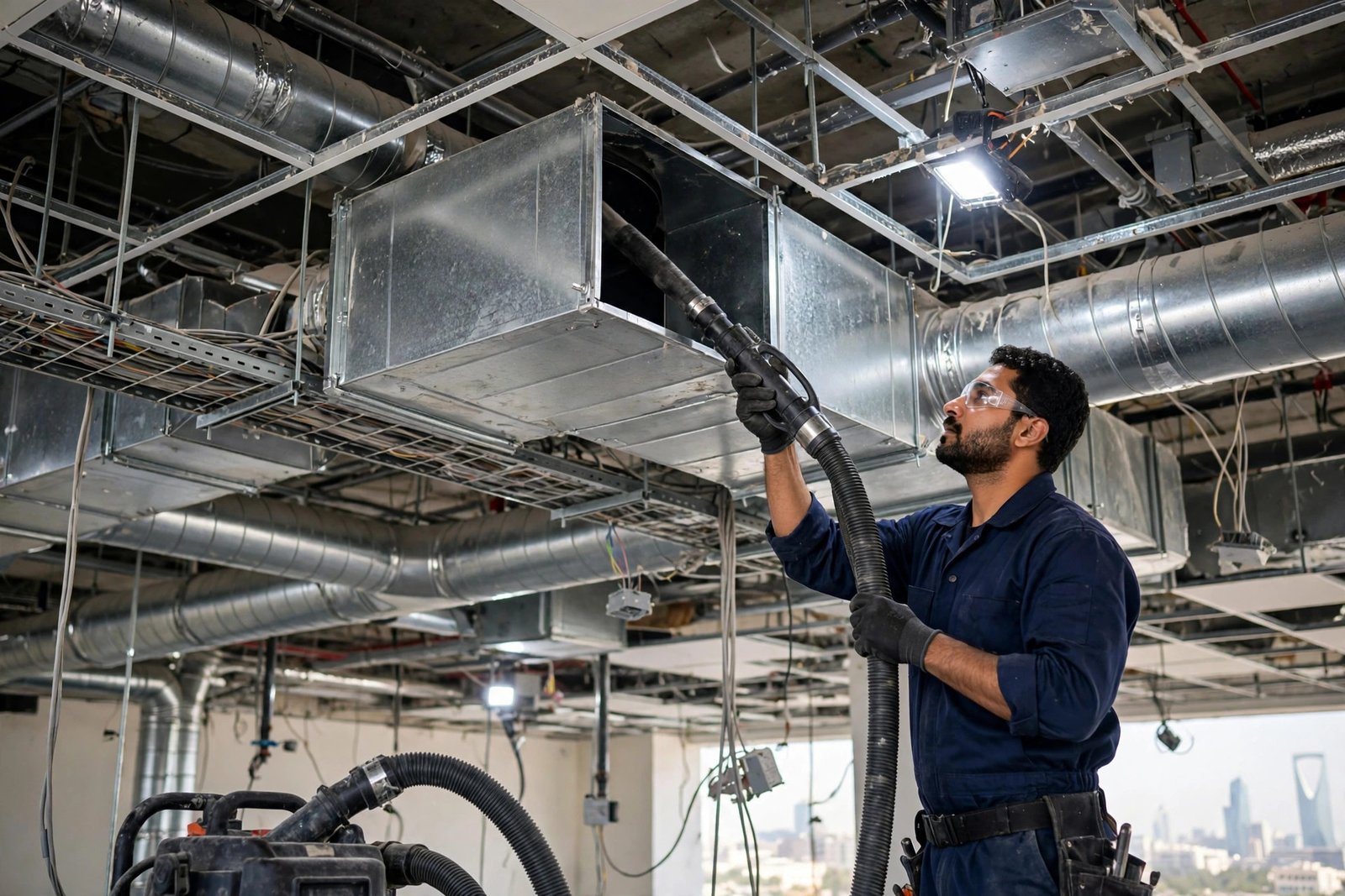 Heavy-duty coil and ductwork cleaning during a ducted ac service in Riyadh